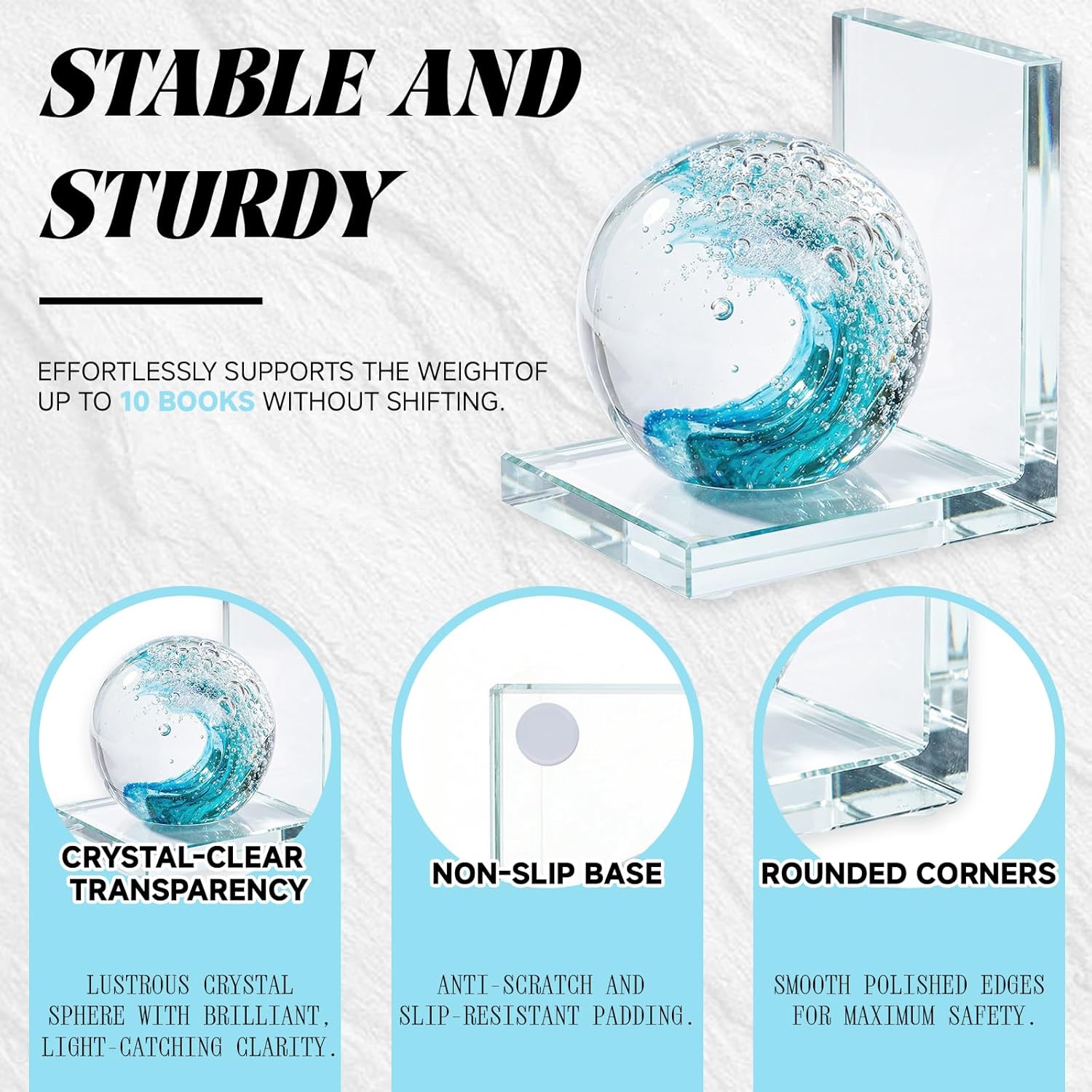 Decorative Bookends for Shelves, Hand Blown Ocean Crystal Ball Unique Bookends for Heavy Books, Office Desk Decor, Ideal for Ocean Lovers (Lake Blue)