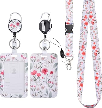 Will Well ID Badge Holder with Retractable Lanyard, Retractable Badge Reel Nylon Lanyard and Vertical ID Card Holder with 1 Card Slot Key Chain for Men & Women - Floral Design