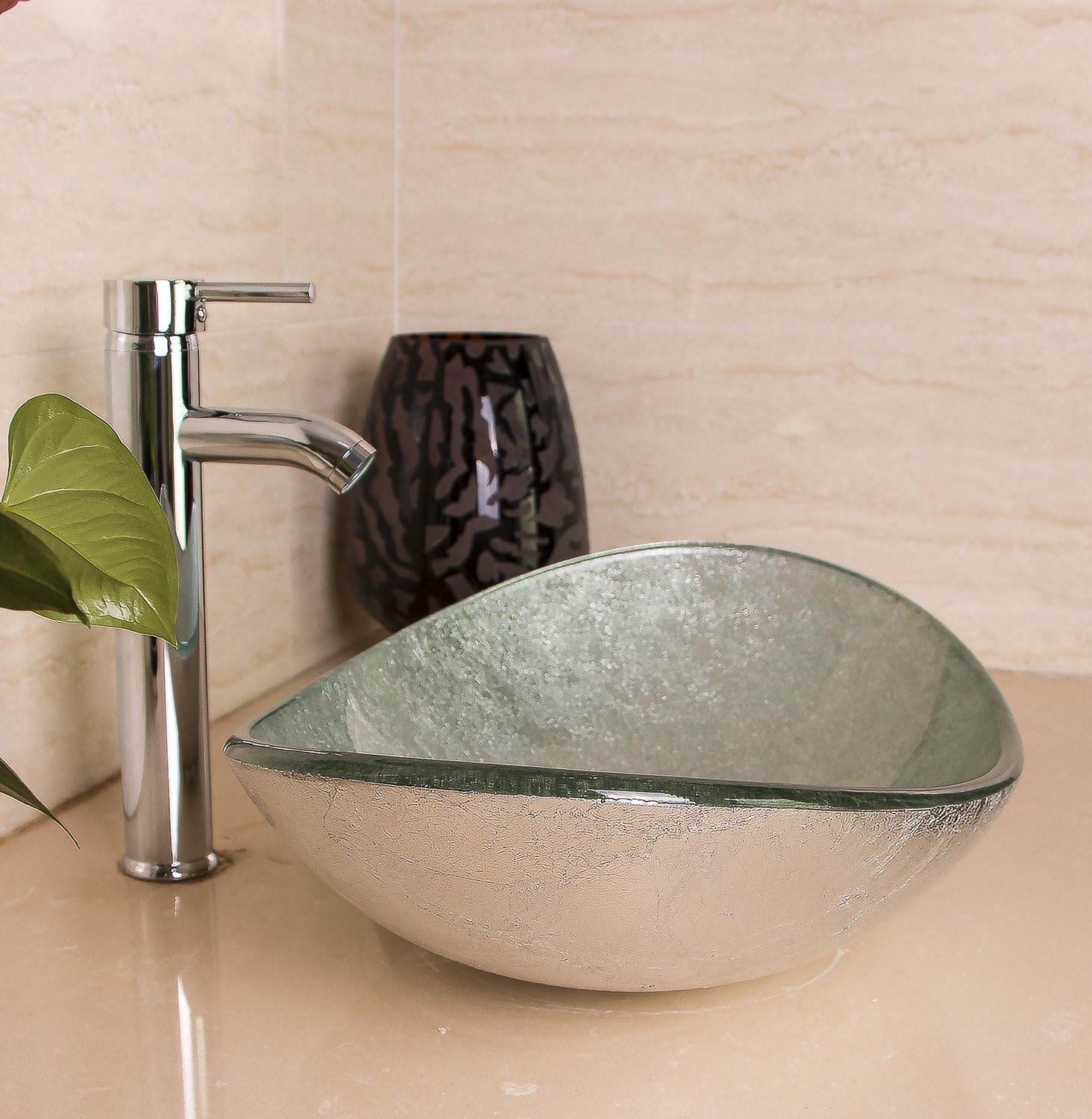 Artistic Boat Oval Sink Bowl Bathroom Glass Vessel Sink with Artistic Oil Rubbed Faucet & Drain