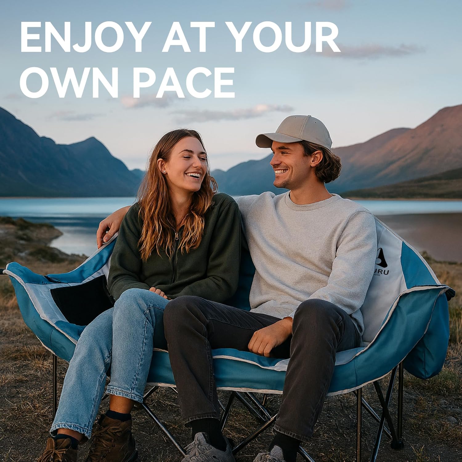 Double Camping Chair with Cooler, Oversized Heavy Duty Loveseat for Adults Portable Folding 2 Person Camp Couch Padded Comfortable Two Seat for Outdoor Beach Lawn Tailgating Sports