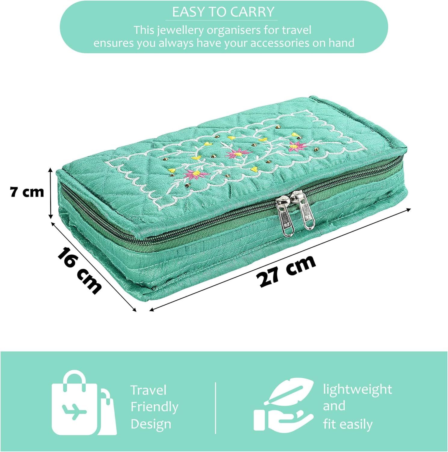 Kuber Industries Jewellery Box | Cotton Cosmetic Bag | 7 Pouch with Zipper | Jewellery Organizer For Necklace, Rings, Bracelet | Embroidery-Pattern | Green