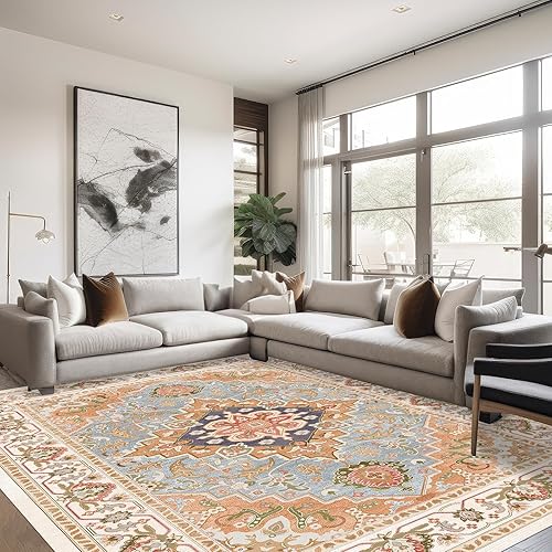 Alfombra vintage lavable a máquina de 8 x 10 pies con parte trasera antideslizante para sala de estar, dormitorio, cocina, comedor, lavandería, no