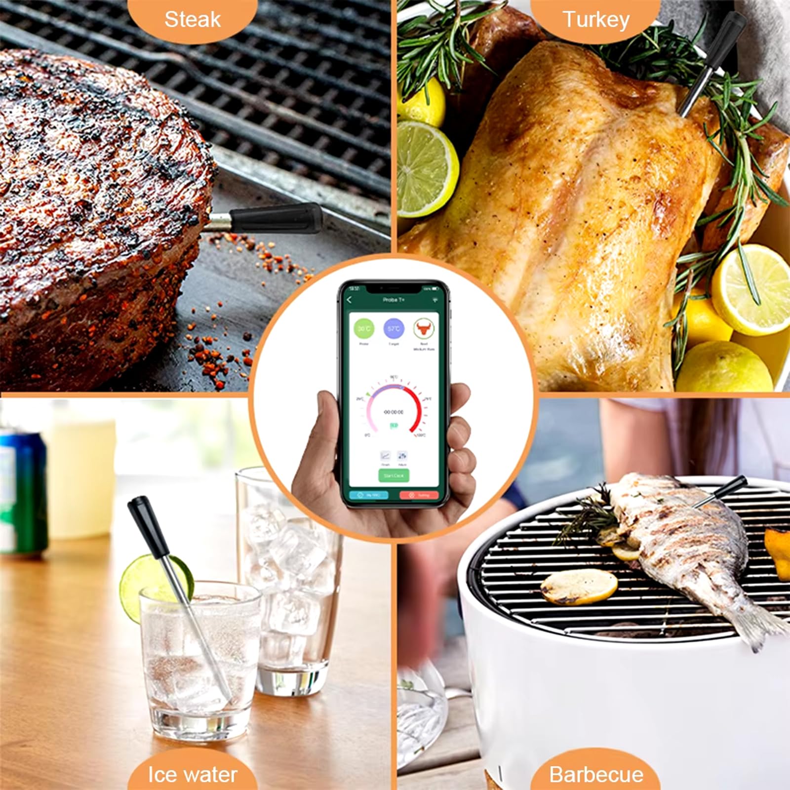 Termómetro de carne inalámbrico inteligente, termómetro de carne Bluetooth de alcance de 100 pies con aplicación gratuita e IPX7 resistente al agua, sonda dura 16 horas, termómetro de alimentos