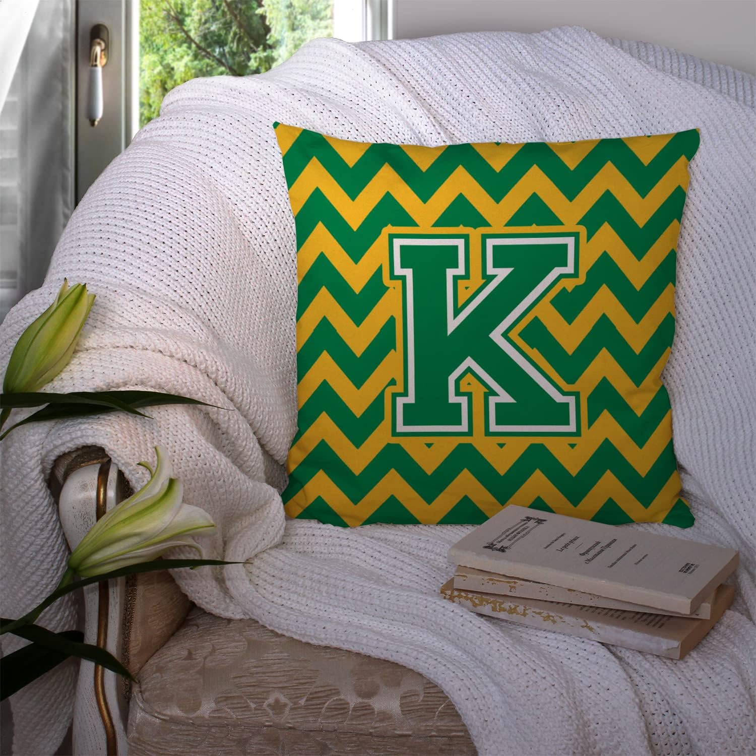 Caroline's Treasures CJ1059-KPW1414 Letter K Chevron Green and Gold Fabric Decorative Pillow Machine Washable, Indoor Outdoor Decorative Pillow for Couch, Bed or Patio, 14Hx14W