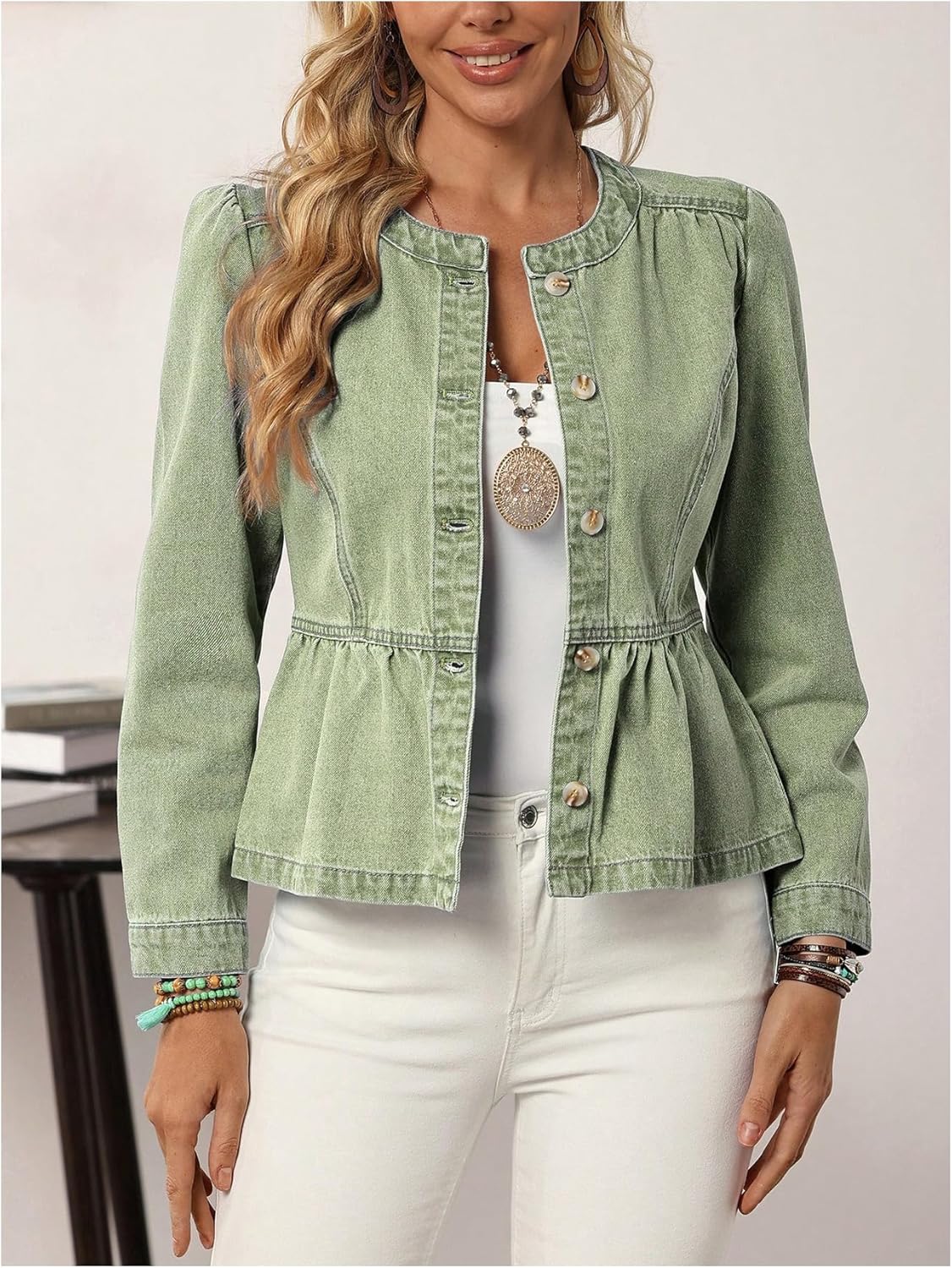 WDIRARA Women's Button Down Denim Jacket Long Puff Sleeve Ruffle Jean Jackets Peplum Outerwear - Image 2