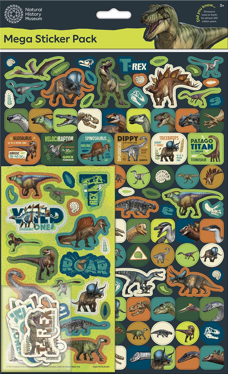 Dinosaurs Mega Sticker Pack| Natural History Museum | Officially Licensed Product | Three Types of Stickers (Around 140 Total) | Reusable on Non-Porous Surfaces | Unisex, Age 3+ | Presents & Party Bag