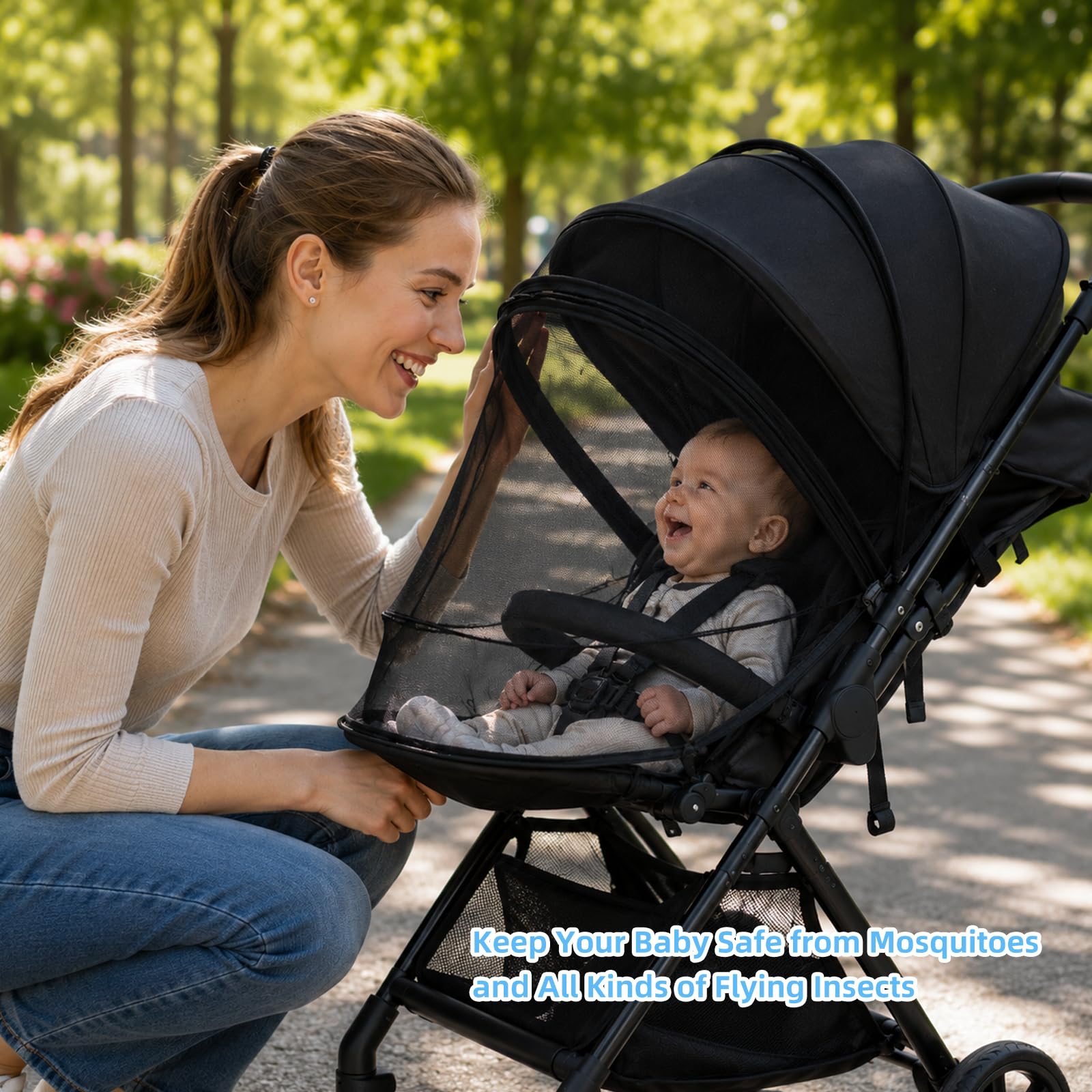 LPZMPZ Moskitonetz Kinderwagen mit Sonnensegel, Insektenschutz Fliegennetz 2-In-1 Sonnenschutz für Kinderwagen & Buggy Universal UV Schutz 50, Mückenschutz Fliegengitter Kinderwagen Schwarz