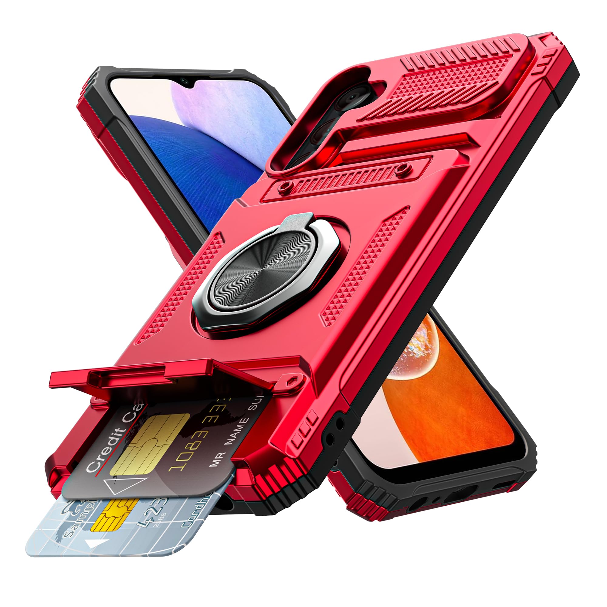 Vofolen for Samsung Galaxy A14 5G Phone Case with Card Holder [Store 2 Cards] + 360° Rotatable Ring Kickstand Dual Layer Heavy Duty Shockproof