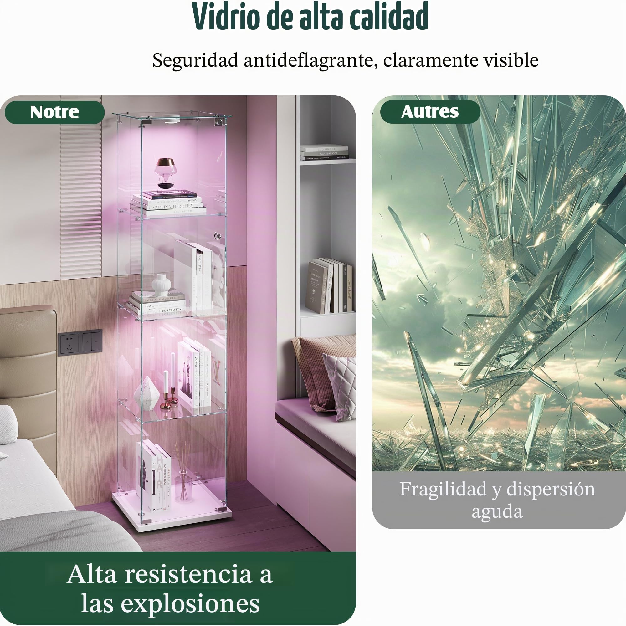Vitrina de Cristal de 163 x 40 x 35 cm con 4 estantes 1 Puertas, Vitrina de pie con LED, Armario de colección Moderno para salón, Dormitorio, Oficina, Blanco y Puerta Individual + Luces de Pat