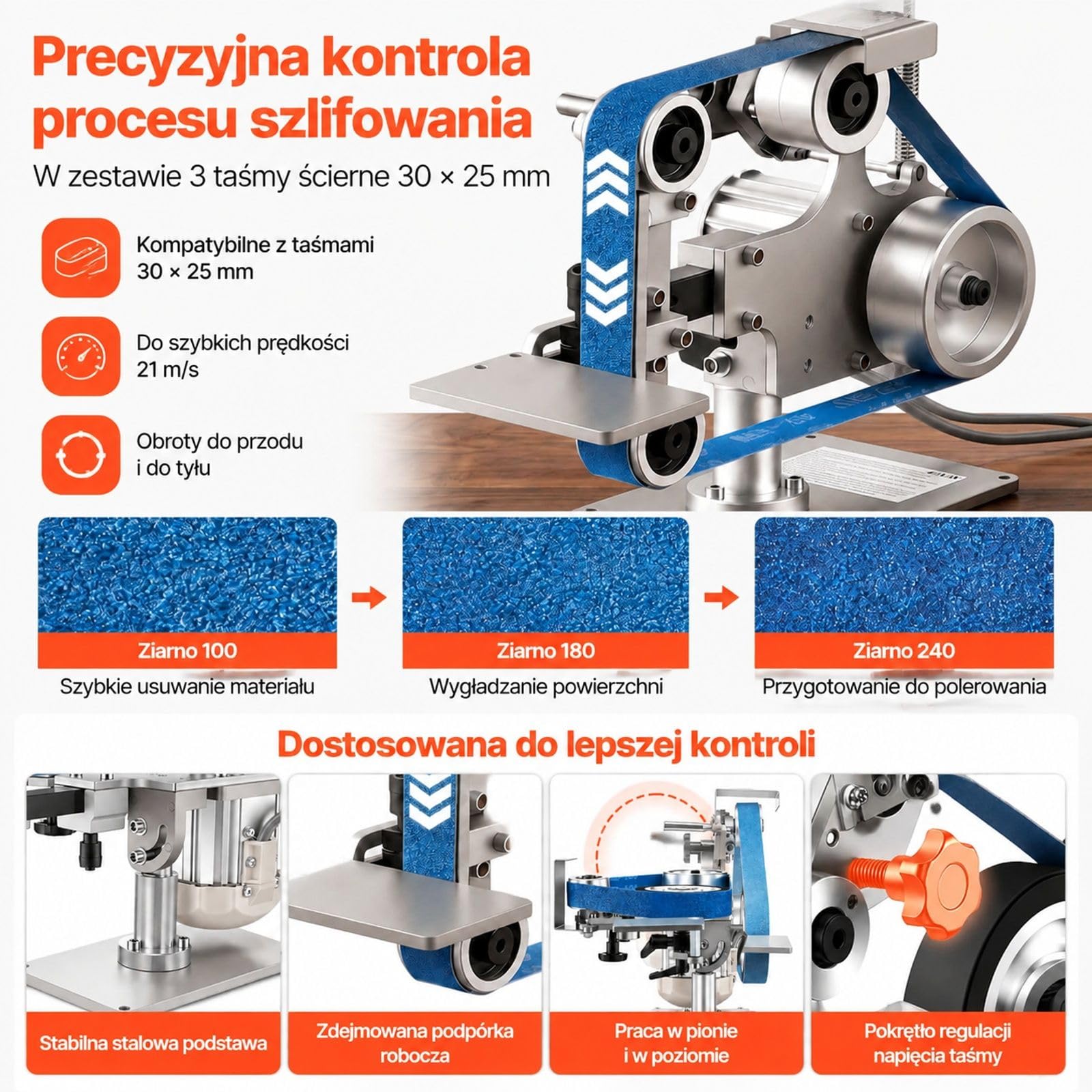 Stacjonarna szlifierka taśmowa 550 W z 3 pasami ściernymi, regulacja 200–5000 obr/min, praca pionowa lub pozioma do metalu i drewna