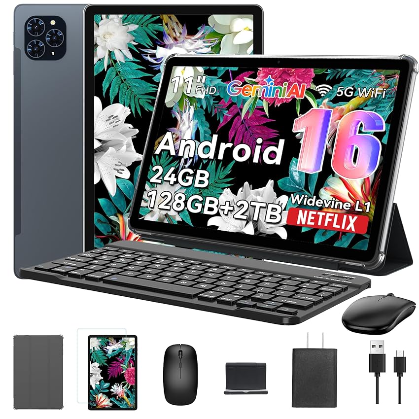 Tablet 2025 Primo al mondo Android 16 Tablets Gemini AI, Display FHD da 11 Pollici, 24GB RAM + 128GB RAM/ 2TB TF, 13MP, 8000mAh, Widevine L1, 5G WiFi, GPS, Face ID, Tablet con tastiera e Penna