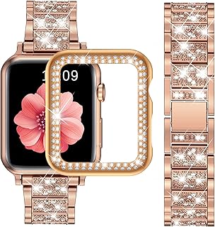 Supoix Compatible with Apple Watch Band 40mm + Case, Women Jewelry Bling Diamond Metal Strap & 2 Pack Bumper Frame for iWatch Series 6/5/4(Champagne Gold/40mm)