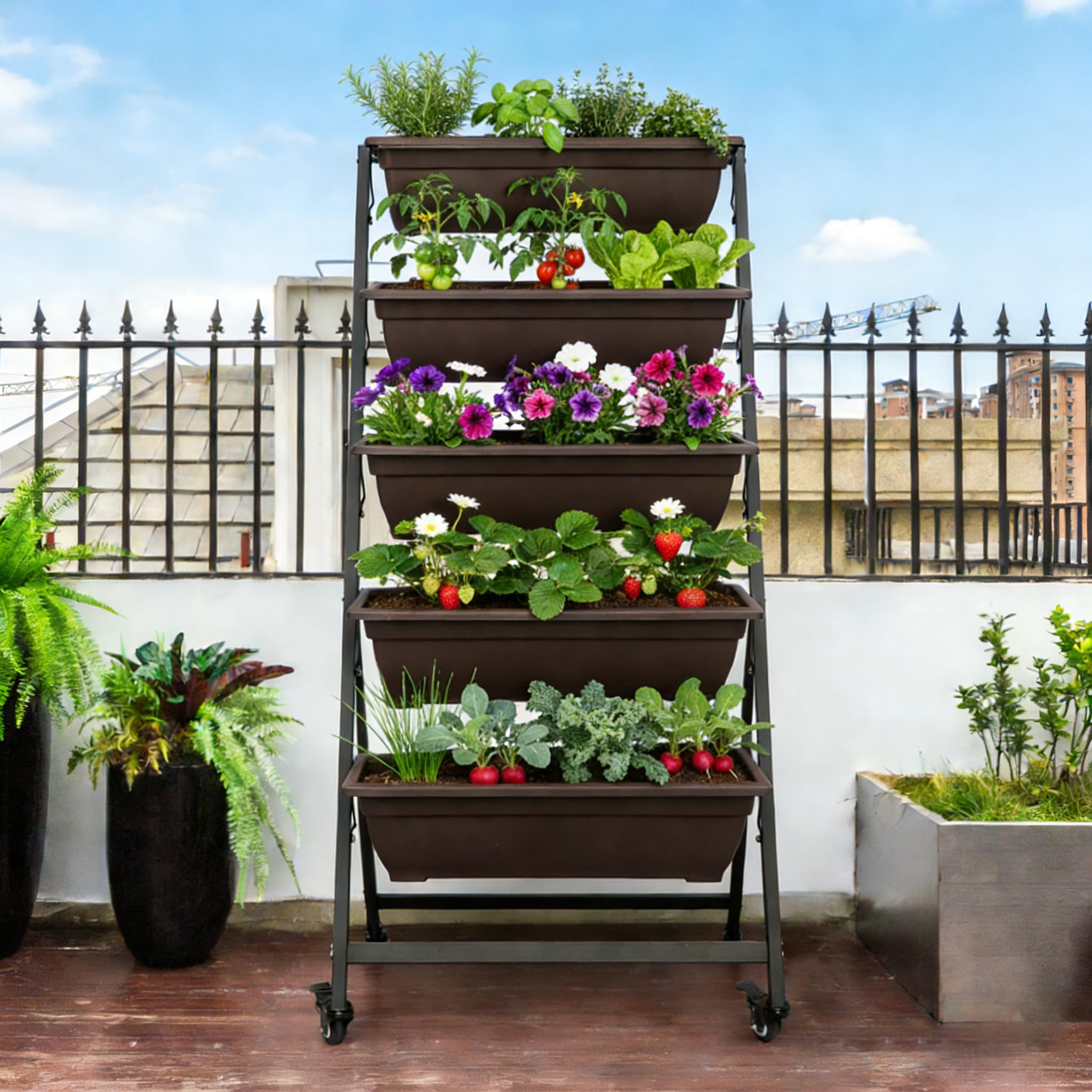 BIGTREE Hochbeet - Pflanzbeet aus Metall mit 5 Etagen - Blumentreppe Pflanztreppe mit Rollen 65x65x135cm - Gemüsebeet & Kräuterhochbeet für Balkon, Terrasse und Garten
