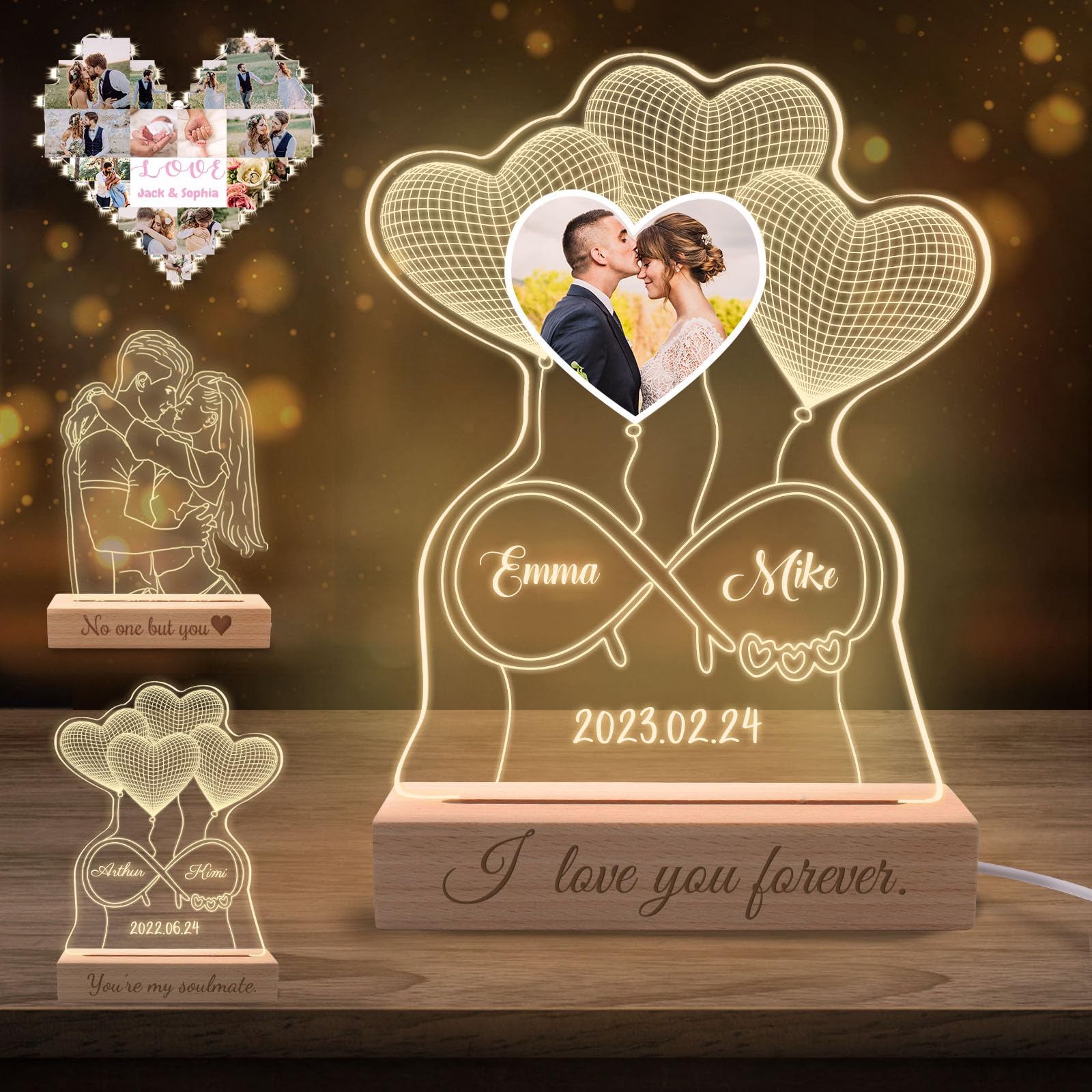 Lovdeying Personalised Photo Lamp Custom Heart Night Light with Picture Name Customised Illusion Lights Valentine's Day Anniversary Birthday Gifts for Couples Wife Girlfriend Her Him