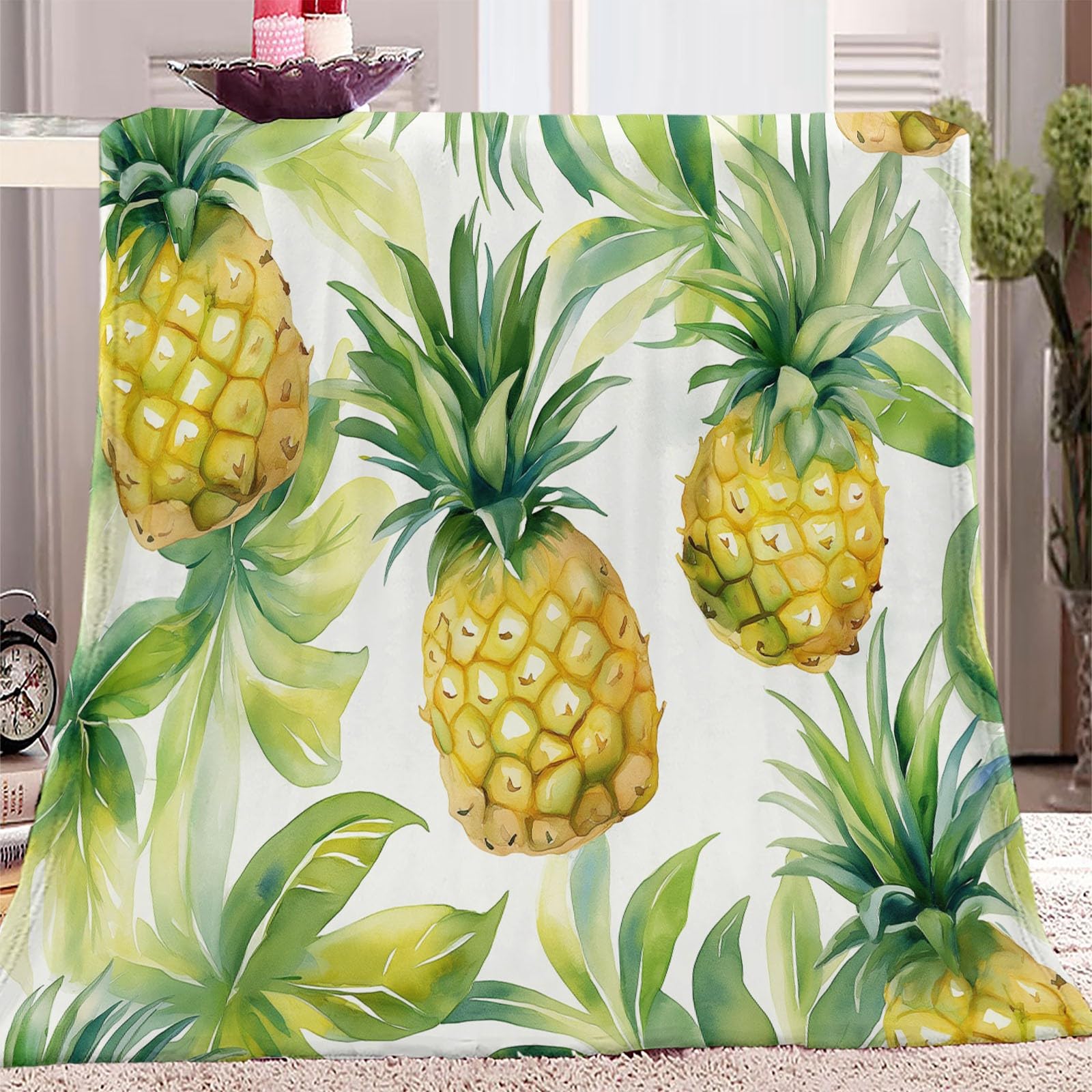 Manta de Forro Polar Amarillo Verde Suave y esponjosa, Manta cálida para Cama Piña Verde Acuarela Fresca y Dulce para Dormitorio Sala de Estar Oficina 180 x 220 cm