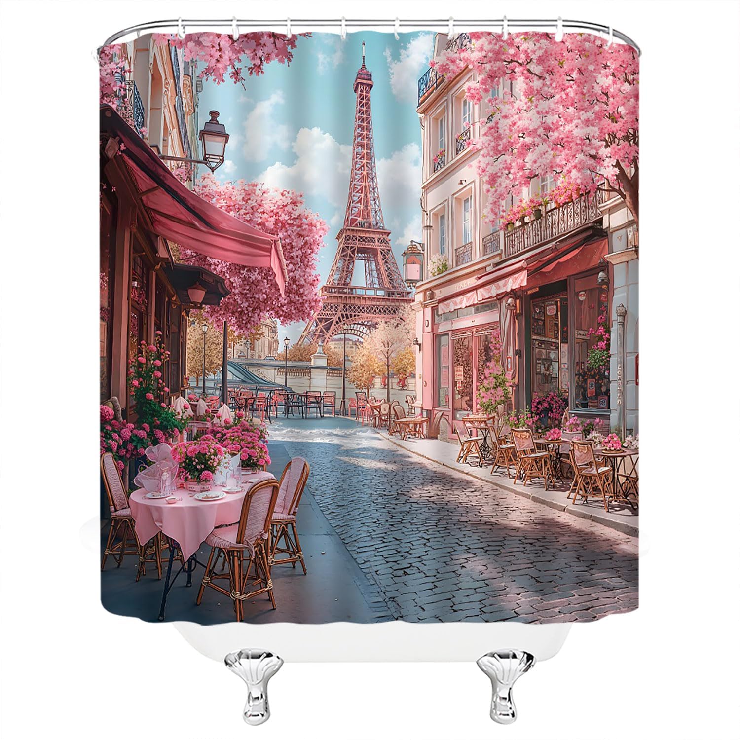 Eiffel Tower Shower Curtain Spring Paris Street Pink Floral Scenery Romantic European French City Landscape Oil Painting Bathroom Polyester Fabric Curtains with Hooks 94Wx70H Inch