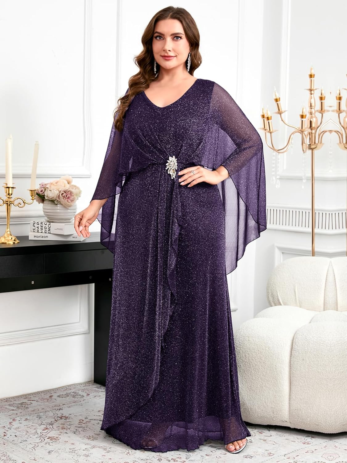 Women's Plus Size Glitter Evening Dress Long Cape V-Neck Formal Gowns Mother of The Bride Wedding Guest Dresses