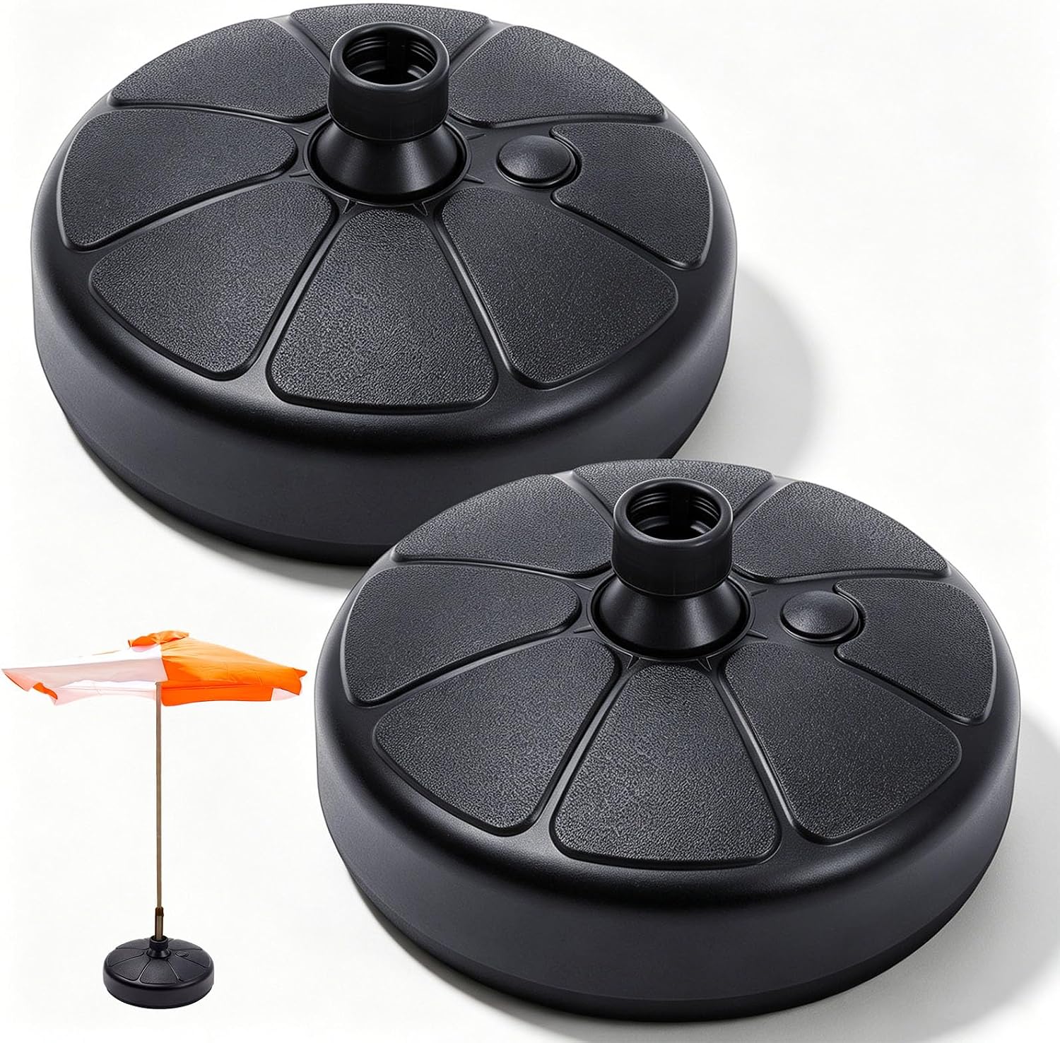 Geetery 2 Pack 40 Lbs Fillable Umbrella Base, Round HDPE Water & Sand Filled Patio Umbrella Weight, Weighted Market Table Base for 1.4-1.5'' Poles, for Outdoor Deck Garden, Poolside, Black