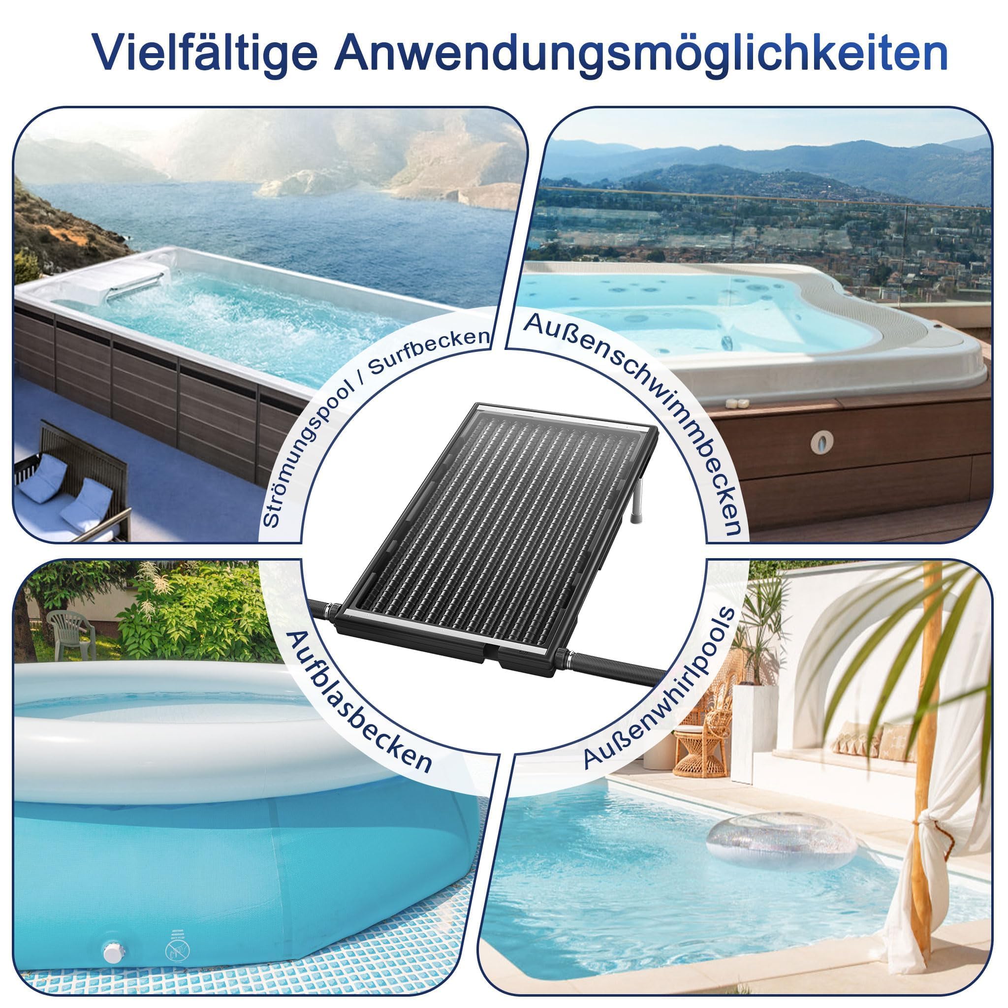 UISEBRT Set di 2 riscaldatori a energia solare per piscina, in plastica resistente ai raggi UV, con piastra di protezione contro polvere e foglie, 111,5 x 66 x 6,5 cm, piedini in alluminio, collettore