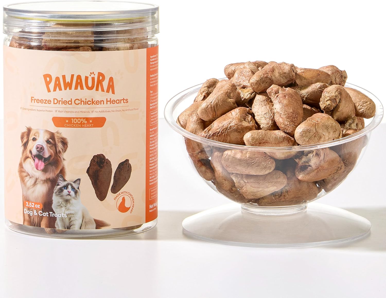 Freeze-Dried Chicken Hearts Cat & Dog Treats, 17.63 oz (1.1LB) — High Protein, Single Ingredient, Grain Free, No Additives or Preservatives, Sealed Box