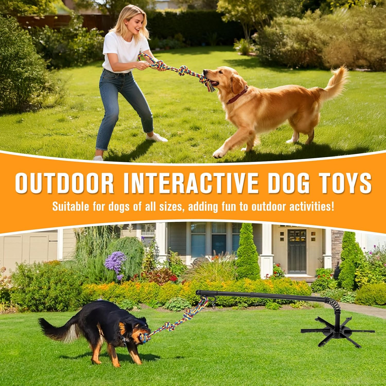 Tether Tug Outdoor Dog Toy, Outdoor Interactive Dog Tug for for Large Medium Small Dogs, Interactive Tether Rope Tug of War Game with 2 Ropes and Bell for Exercise and Play in Yard or Park