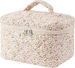 uekeboag Large Travel Quilted Makeup Bag for Women, Floral Cotton Cosmetic Bag, Coquette Aesthetic Floral Toiletry Organizer Bag