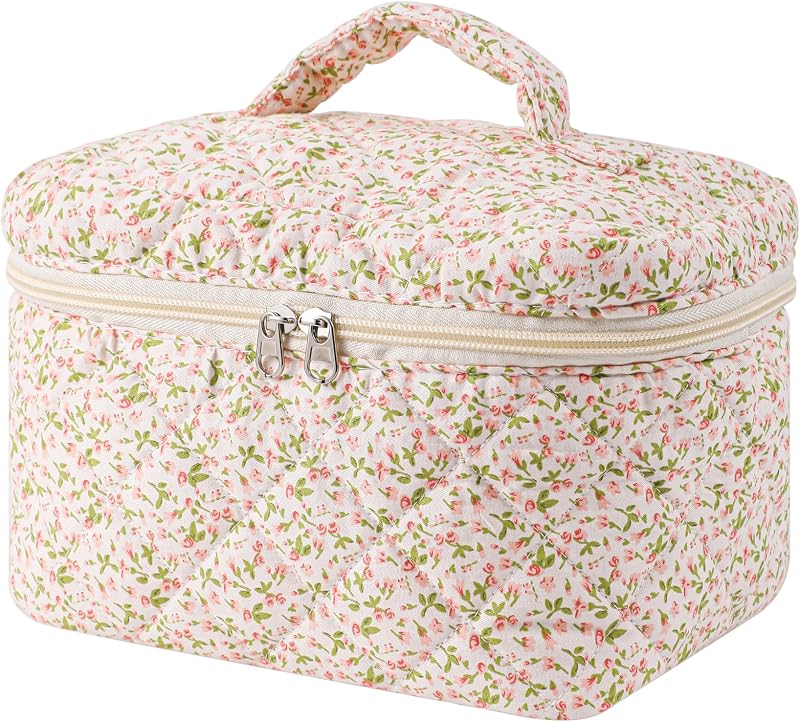 Necessaire grande acolchoada para maquiagem uekeboag, estampa floral, 25,4 cm x 15,24 cm x 13,97 cm