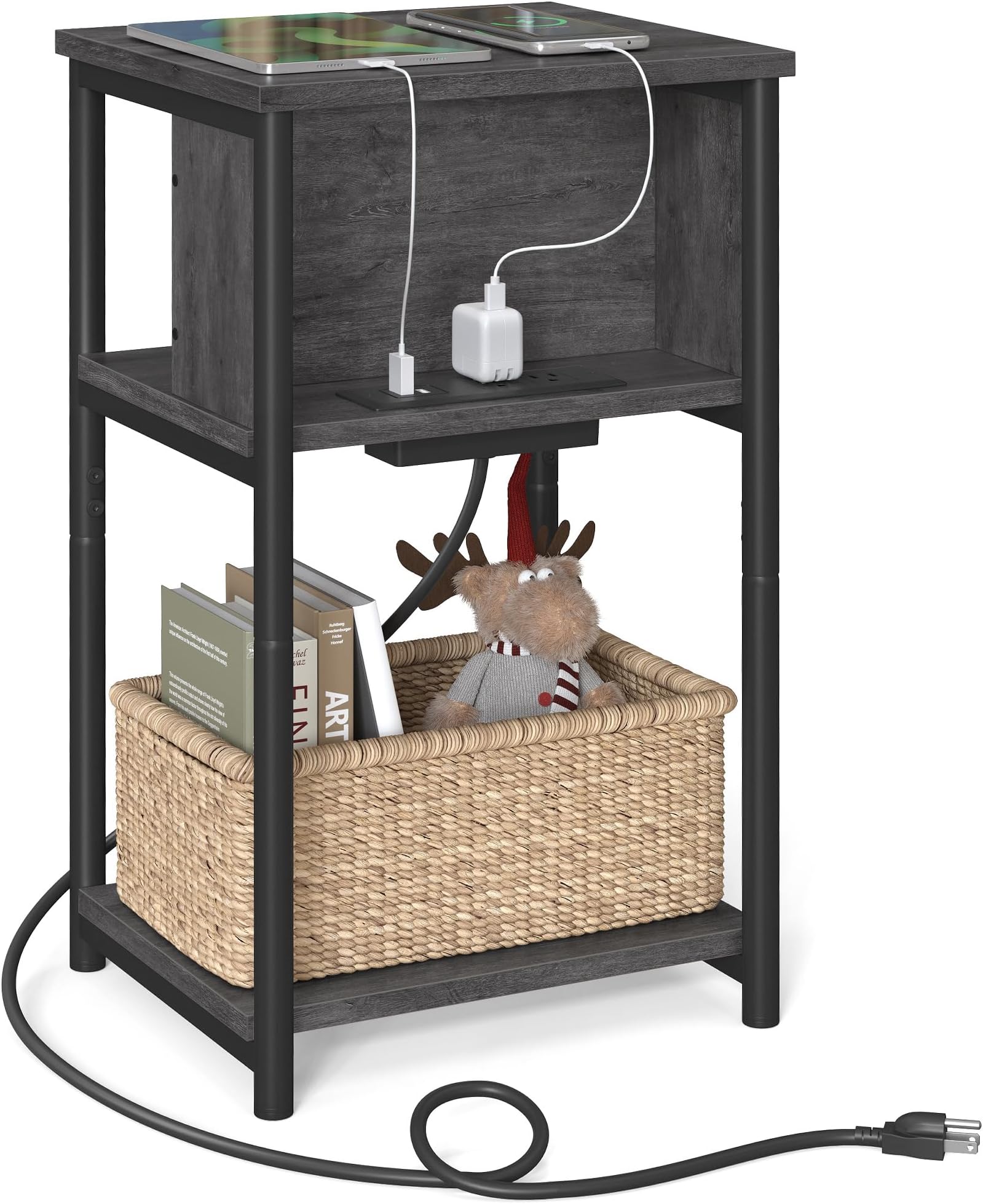 VASAGLE Side Table with Charging Station, 3-Tier End Table with USB Ports and Outlets, Nightstand for Living Room, Bedroom, 11.8 x 13.4 x 22.8 Inches, Plug-in Series, Misty Gray and Black