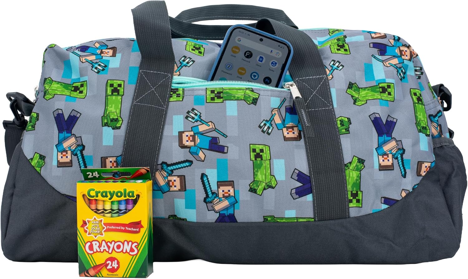 Minecraft Duffle Bag, 16 inch Travel Sleepover Weekender Bag for Girls & Boys, Green/Gray - Image 5