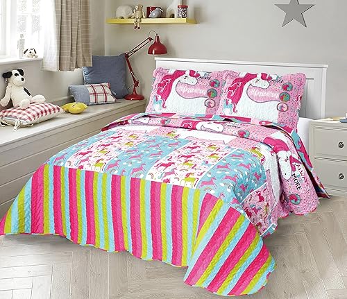 Sapphire Home Juego de colcha de 3 piezas tamaño matrimonial para niños y niñas y adolescentes con 2 fundas, estampado de unicornio, rosa intenso,