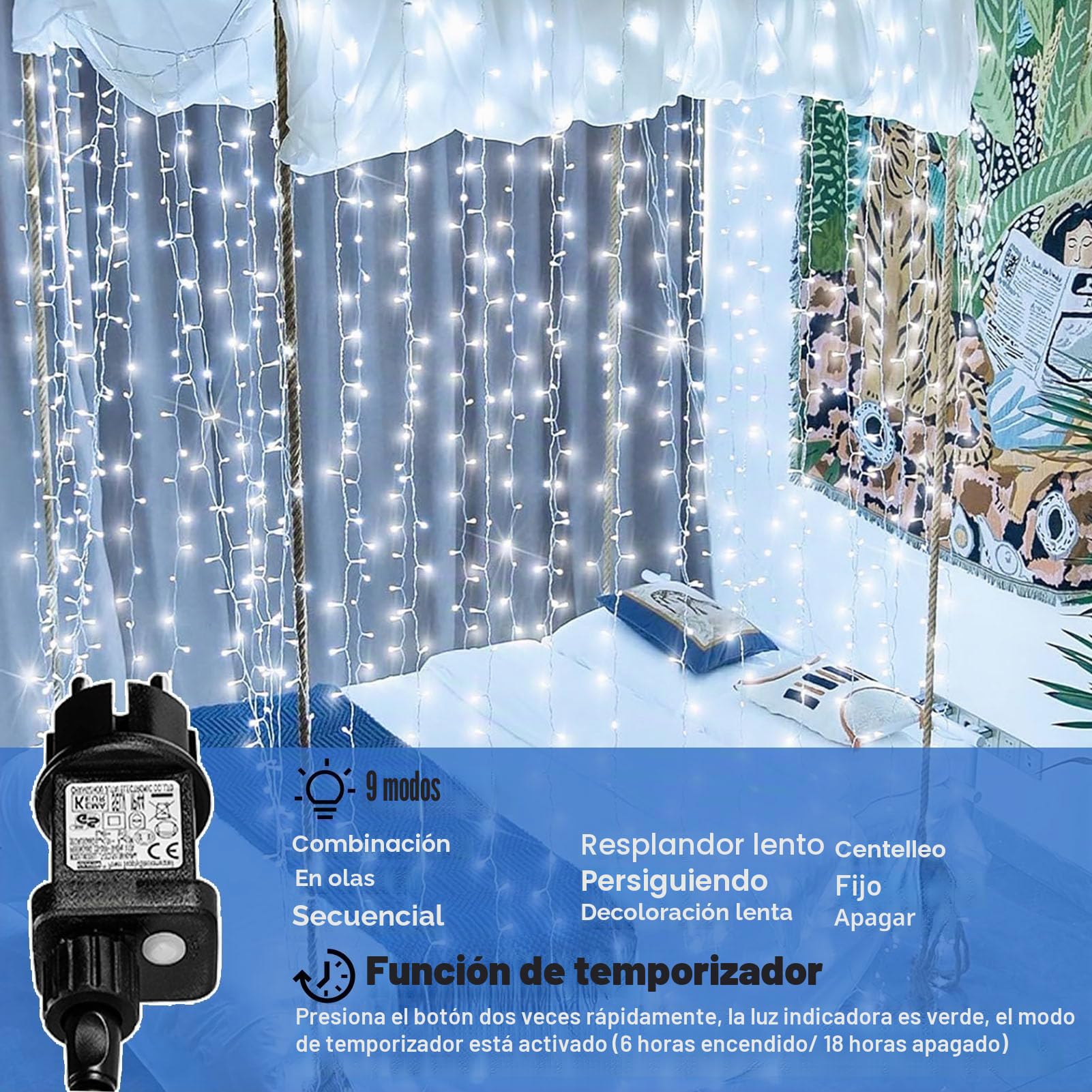 yowin 2 Pezzi Tenda Luminosa Esterno Interno 6m x 3m 600 LED Cascata Luci | Impermeabile IP65 con Timer, 8 Modalità Luci Tenda con Presa per Matrimonio Gazebo Finestra Parete Giardino - Bianco