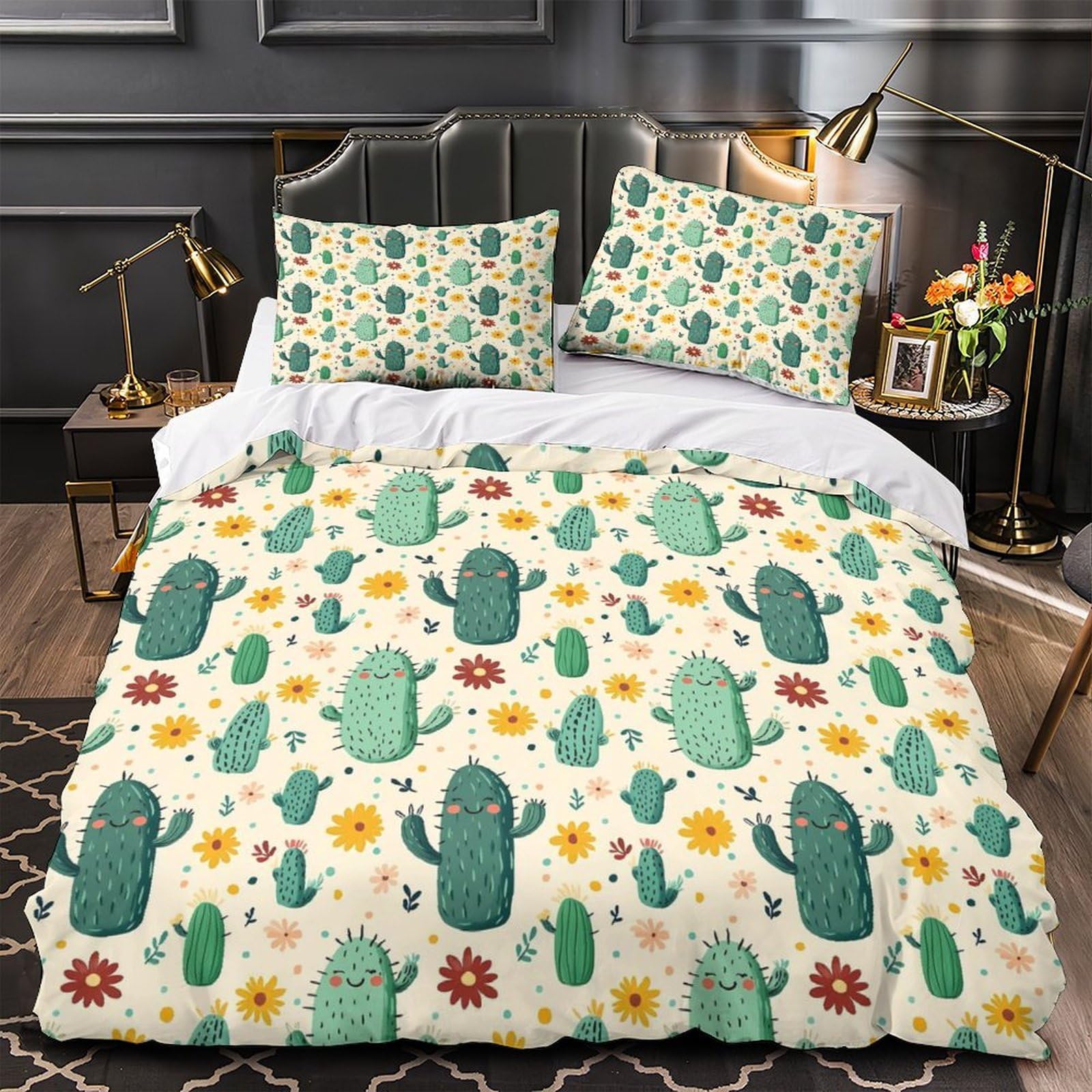 Parure de lit 140x200cm anti-pli en microfibre douce motif cactus
