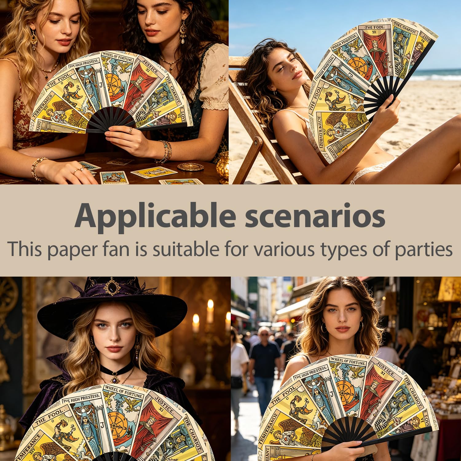 Éventail de tarot, éventail mystique avec motifs de cartes de tarot, pour festival, marché médiéval, cosplay et costume de fête, cadeau pour les amateurs de divination
