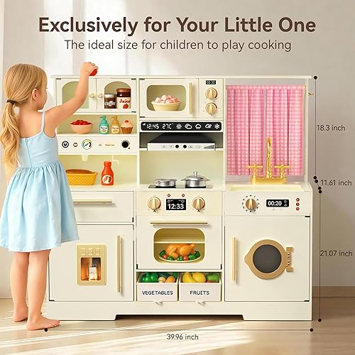 Miniatura 2 de Juego de cocina para niños pequeños con cajas de almacenamiento de fieltro y gancho de rango, juego de cocina de madera para niños con horno,