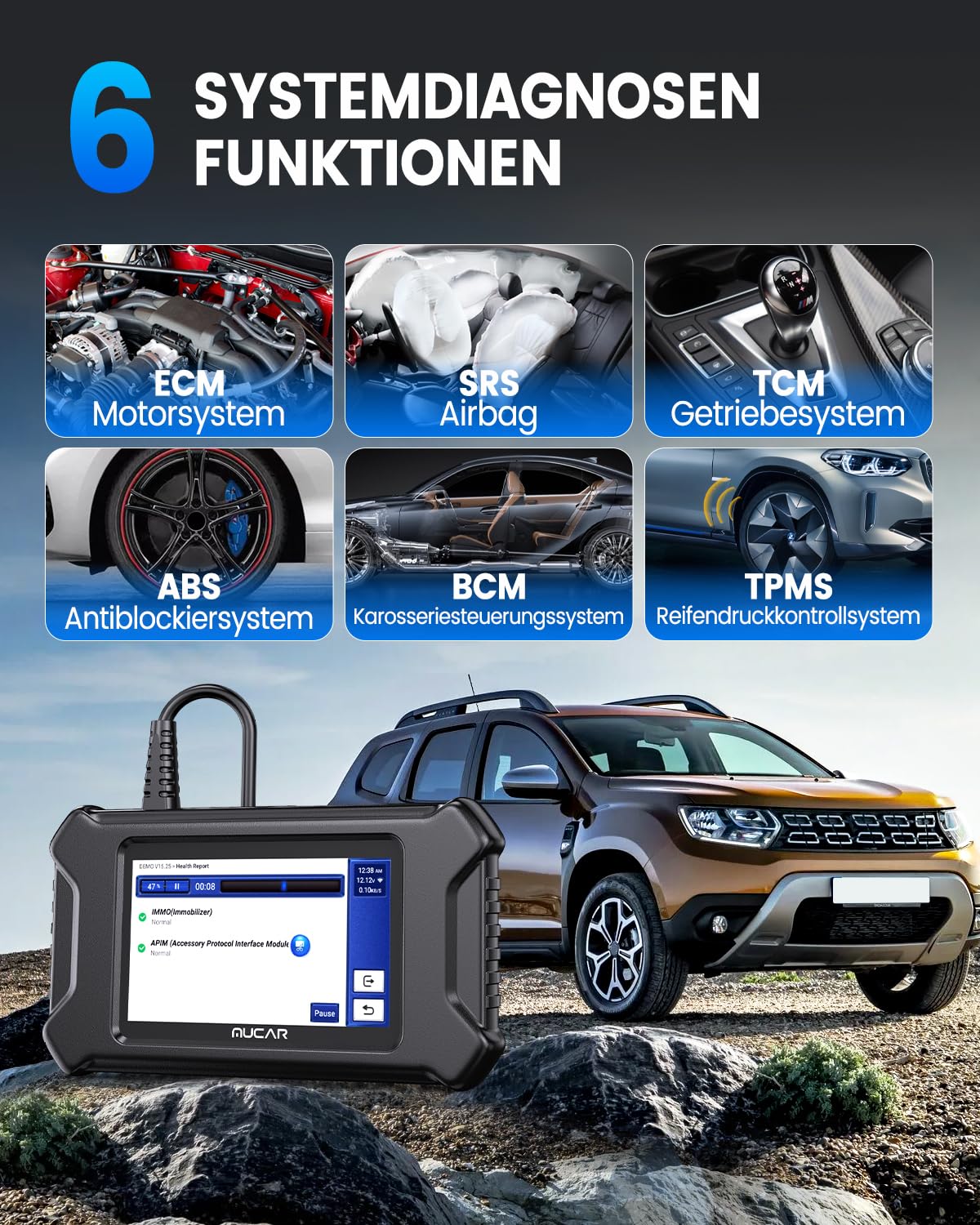 OBD2 Diagnosegerät, MUCAR CS6 Diagnosegerät Auto Mit 6 System(ECM/TCM/ABS/SRS/TPMS/BCM) + 7 Reset-Funktion(Öllampen/EPB/SAS/TPMS/TBA/ETS/ABS/DPF), Auto Auslesegerät Für AutoVIN, Kostenlose Updates