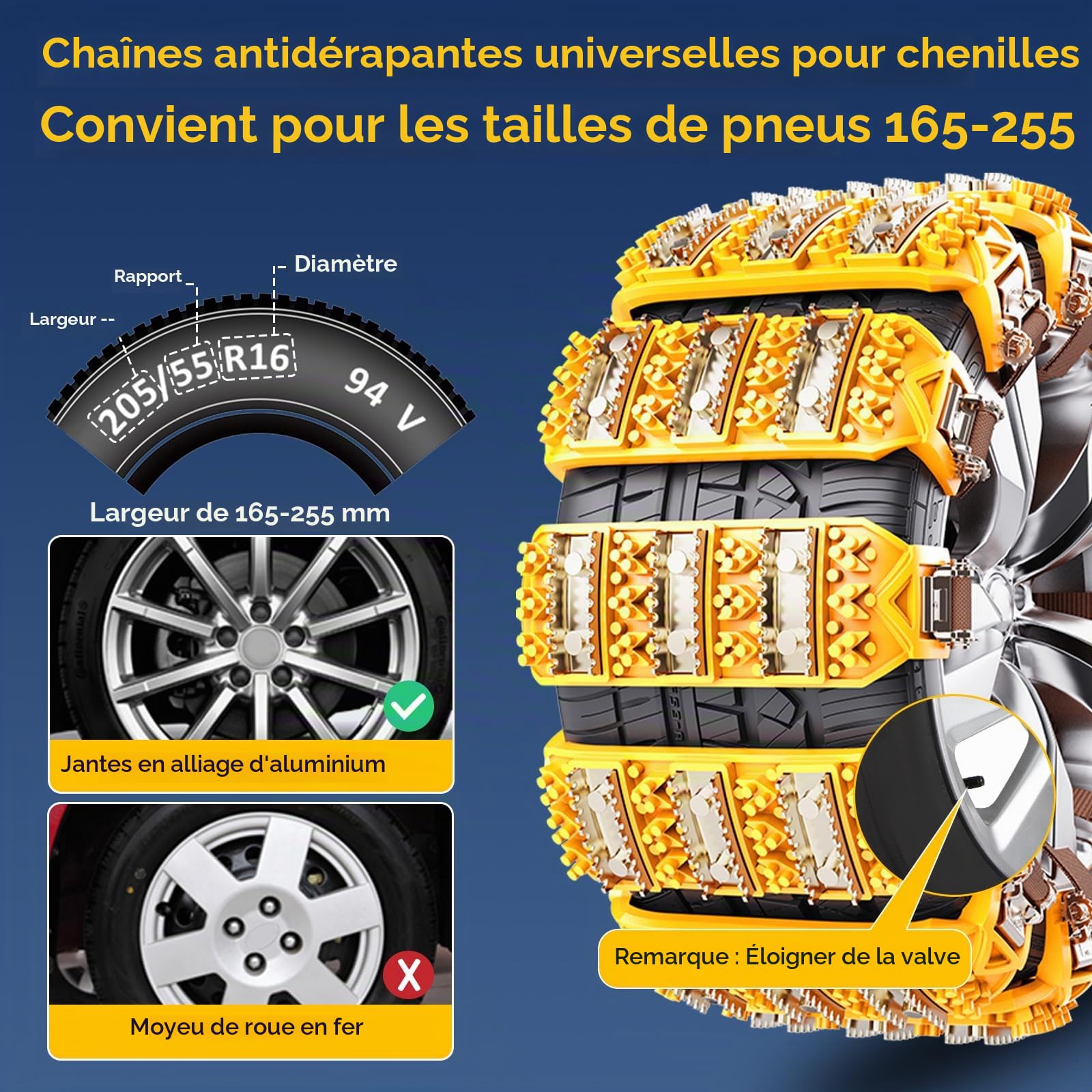 Chaînes à Neige 8 Pièces Anti-Dérapantes et Réglables pour Pneus 165-255 mm - Facile à Installer, à Picots, pour Voiture, SUV, Camion (Jaune)