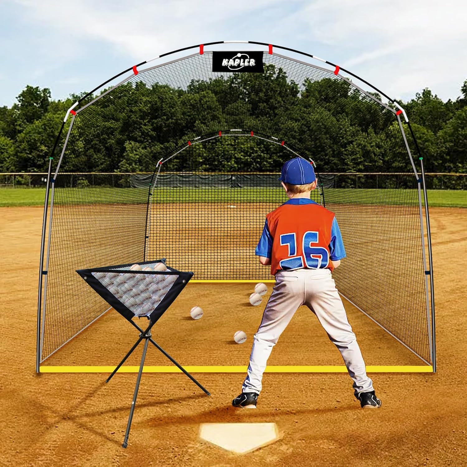 Kapler Gabbia da baseball e softball, rete da 4 x 3 x 2,4 m | Telaio in acciaio resistente e sicuro e rete resistente, per allenamento da soli o in squadra, per uso interno ed esterno