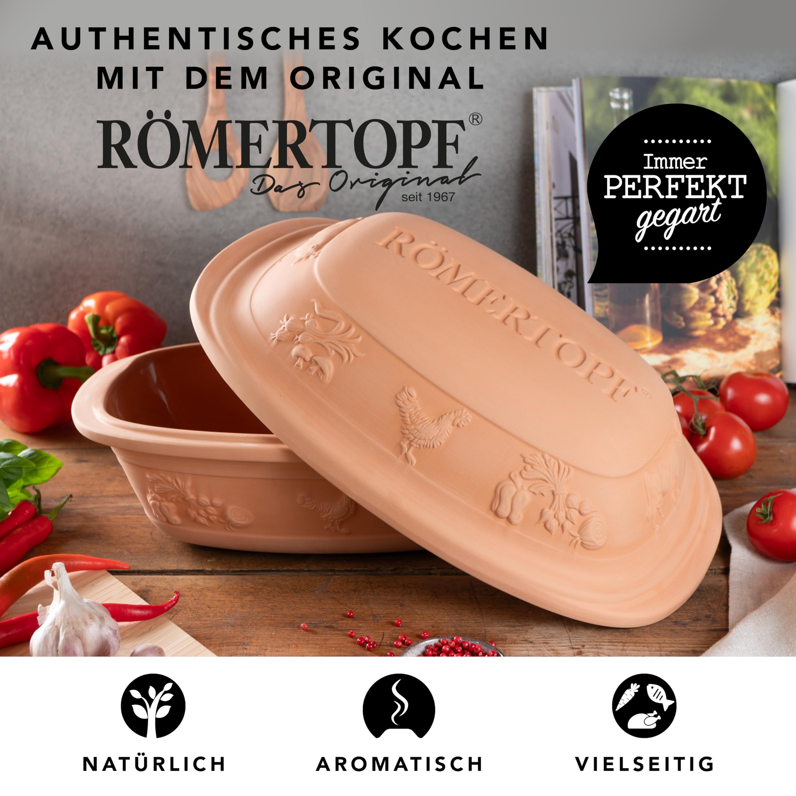 Römertopf Rustico Cocotte en terre cuite naturelle 5 L pour 6 personnes, cuisson à l'étouffée saine, plat à rôtir, terracotta