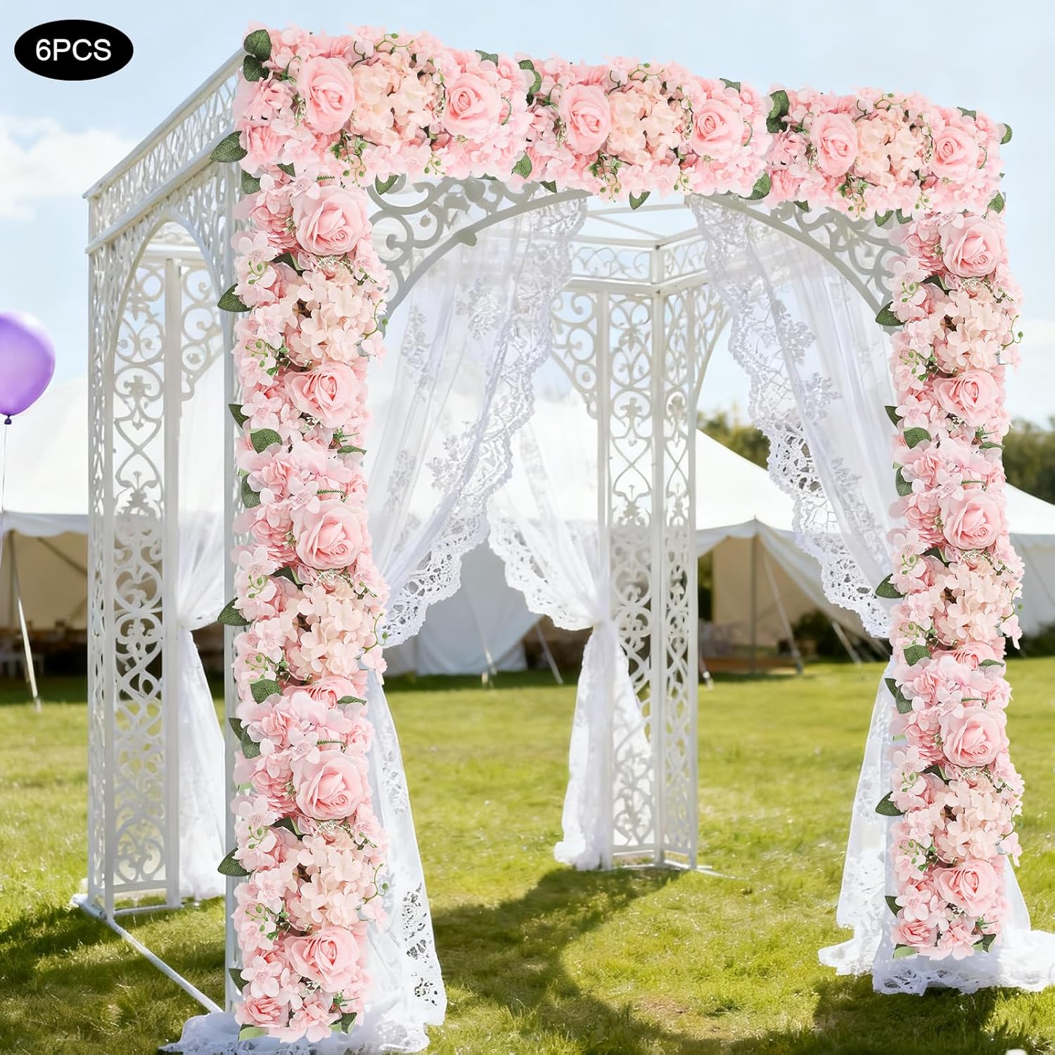 Wedding Arch Artificial Flowers Panels, 6pcs Silk Rose Floral Wall Backdrop, 13.8 x 13.8in Artificial Flowers Garland for Wedding Party Table Decoration, White (Pink, 6 Pcs)