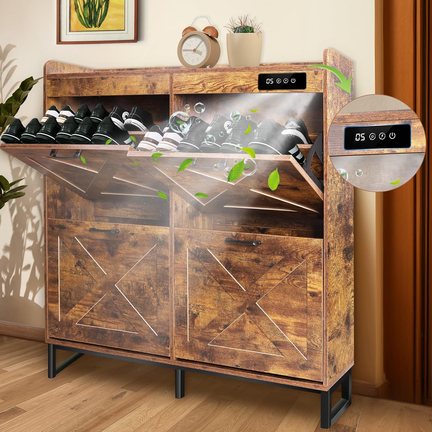 BEURUKU Shoe Cabinet Storage with 3 Flip Drawers & Deodorizer, Freestanding Shoes Organizer Cabinet with Metal Legs for Entryway, Deodorizing Slim Shoe Rack Cabinet, Brown 31.5" W*9.4" D*54.8" H