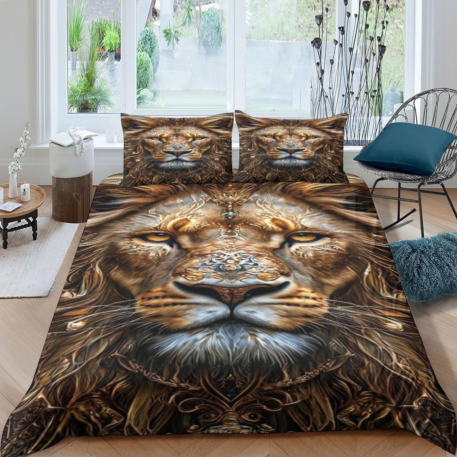 3D Printed Lion Face Duvet Cover Microfiber Soft Breathable Wild Animal Bedding Set with 2 Pillowcases for Bedroom Decor Single（135x200cm）