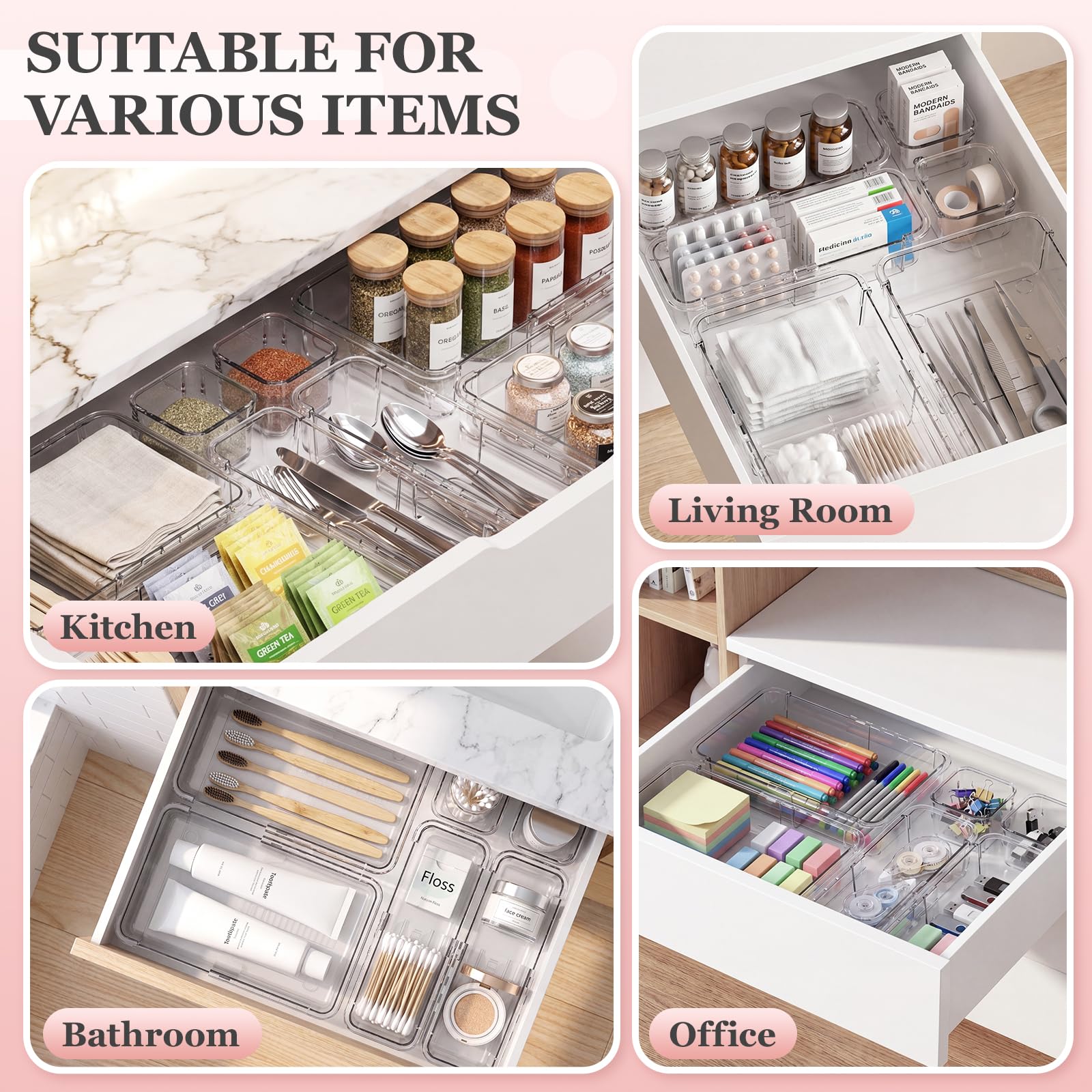 Lot de 16 organiseurs de tiroir extensibles transparents réglables en plastique antidérapant pour maquillage, cosmétiques, bijoux, ustensiles, papeterie, commode