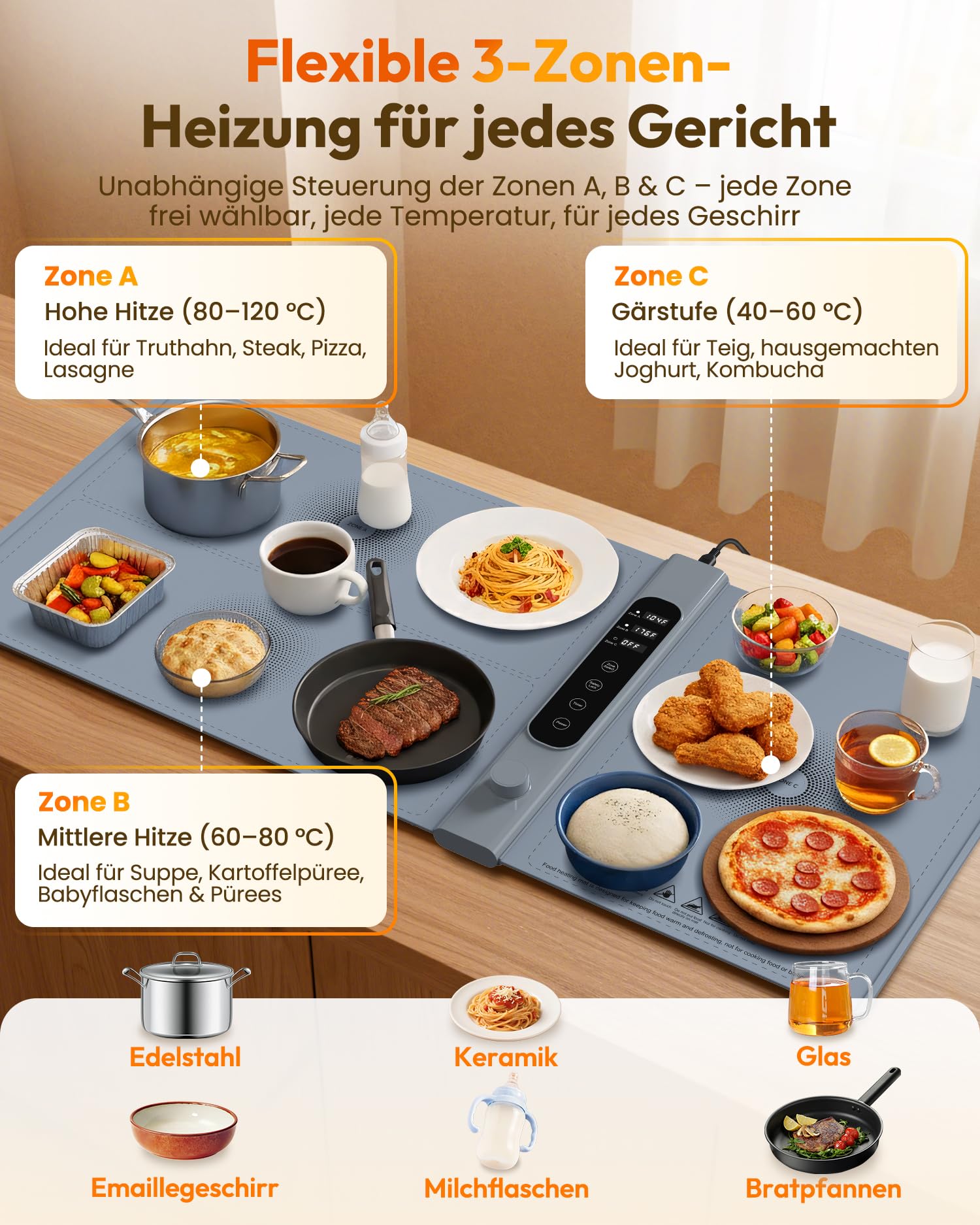 3-Zonen unabhängige Warmhalteplatte für Speisen 101×43 cm XXL | Elektrische Speisenwärmer mit 17 Temperaturstufen 6h Timer,Silikon-Rollbarer Buffetwärmer Wärmeplatte Essen für Party-Buffets