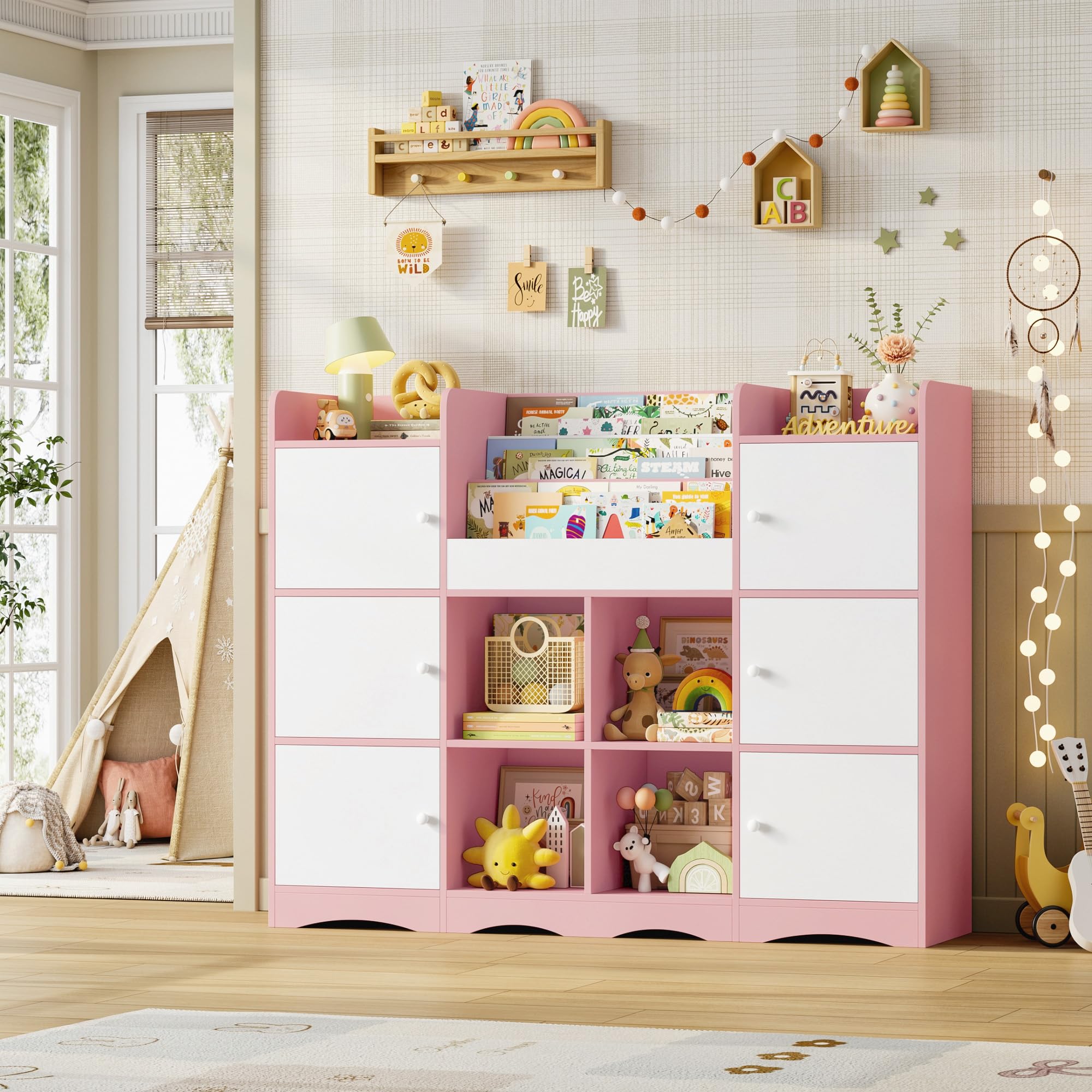 FOREHILL Meuble Rangement Enfant Bibliothèque Enfant avec 6 Portes 15 Étagères de Rangement Jouet Enfants pour Chambre Salle de Jeu 140x30x106 cm Rose