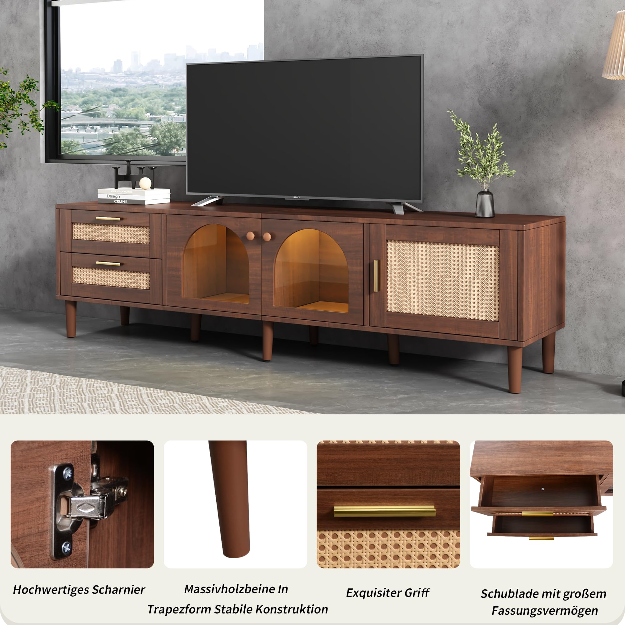 TV-Schrank, Fernsehtisch mit LED, 180 cm TV Lowboard mit Rattan Schubladen und Tür, Modern TV Board, TV-Regal mit Glastüren für Fernseher bis zu 80 Zoll, für Wohnzimmer und Esszimmer