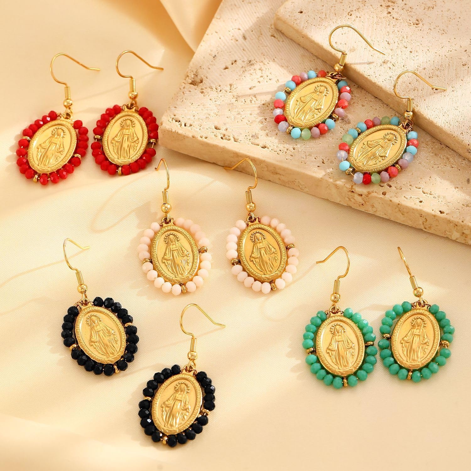 Gold Virgin Mary Dangle Earrings for Women Stainless Steel Guadal - Reverse Hallmark & Finish