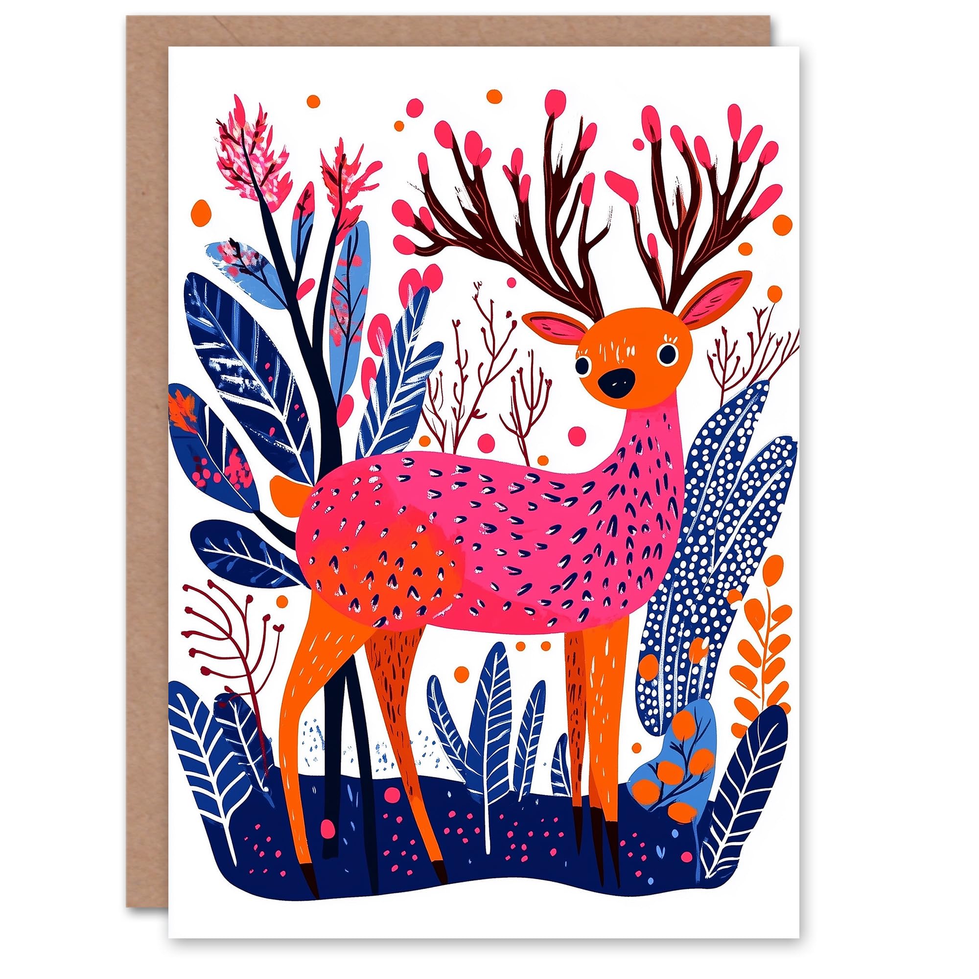 Wee Blue Coo Greeting Card Reindeer Forest Orange Pink Blue Vibrant Folk Art Blank For Him Or Her Art Xmas Christmas Card