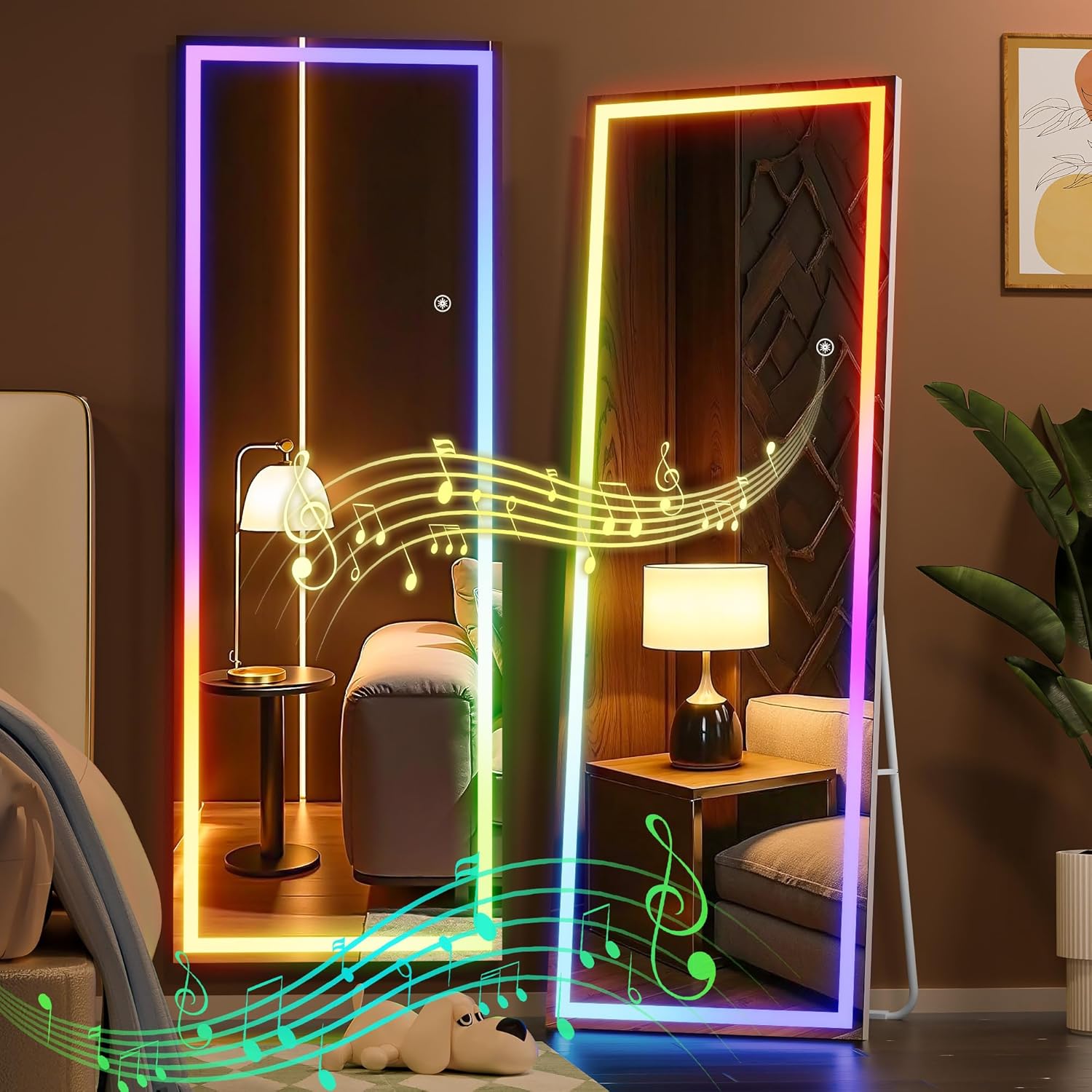 Hasipu 56"x16" LED RGB Bluetooth Full Length Mirror with Lights, Full Body Mirror with Stand, Wall Mount & Free Standing Floor Mirror for Bedroom Living Room Cloakroom, 7 Color & Brightness Adjustable