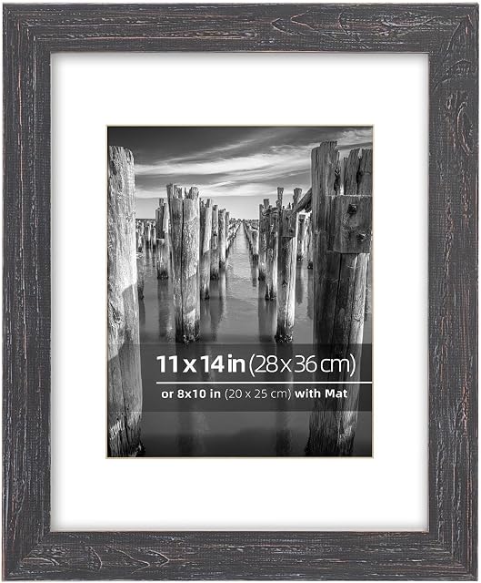 11x14 inch Reclaimed Barn Cadre photo en bois, option d'affichage mural ou de bureau, véritable verre, avec tapis pour 8 x10 photos de pouce, Frinearts, Noir dérangé