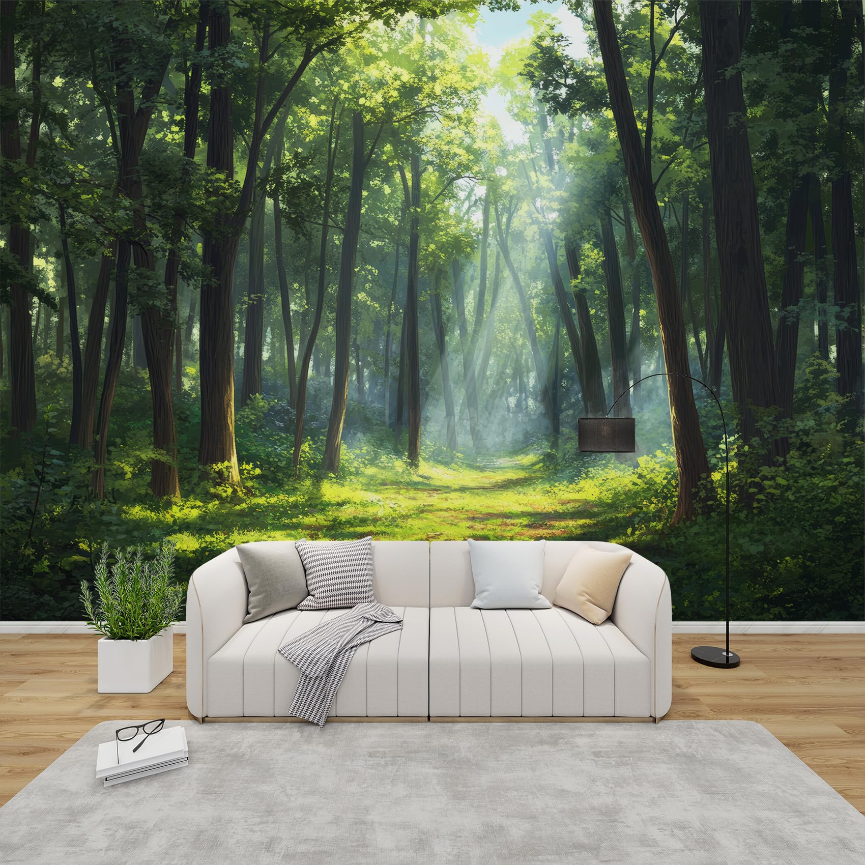 QEODAH Forest Mural Wallpaper for Living Room, Nature Landscape Wall Art for Bedroom, Green Tree Wall Murals for Bedroom, Renter Friendly Removable Waterproof Non-Woven Photo Wallpaper 3D, 400x280 cm